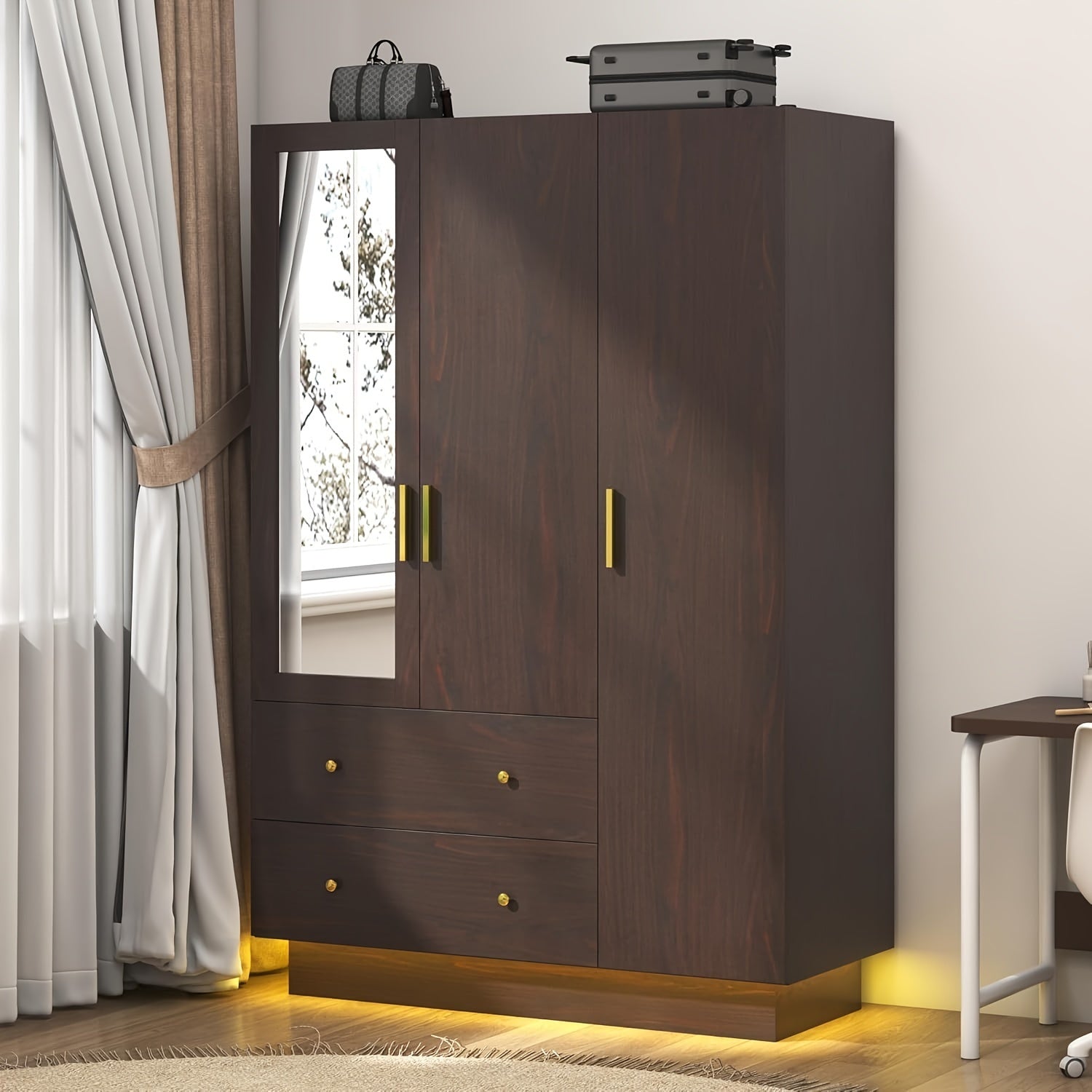 3 Door Wardrobe Closet With Mirror & LED Lights Bedroom Armoire With Drawers & Shelves Modern Wooden Armoire Wardrobe