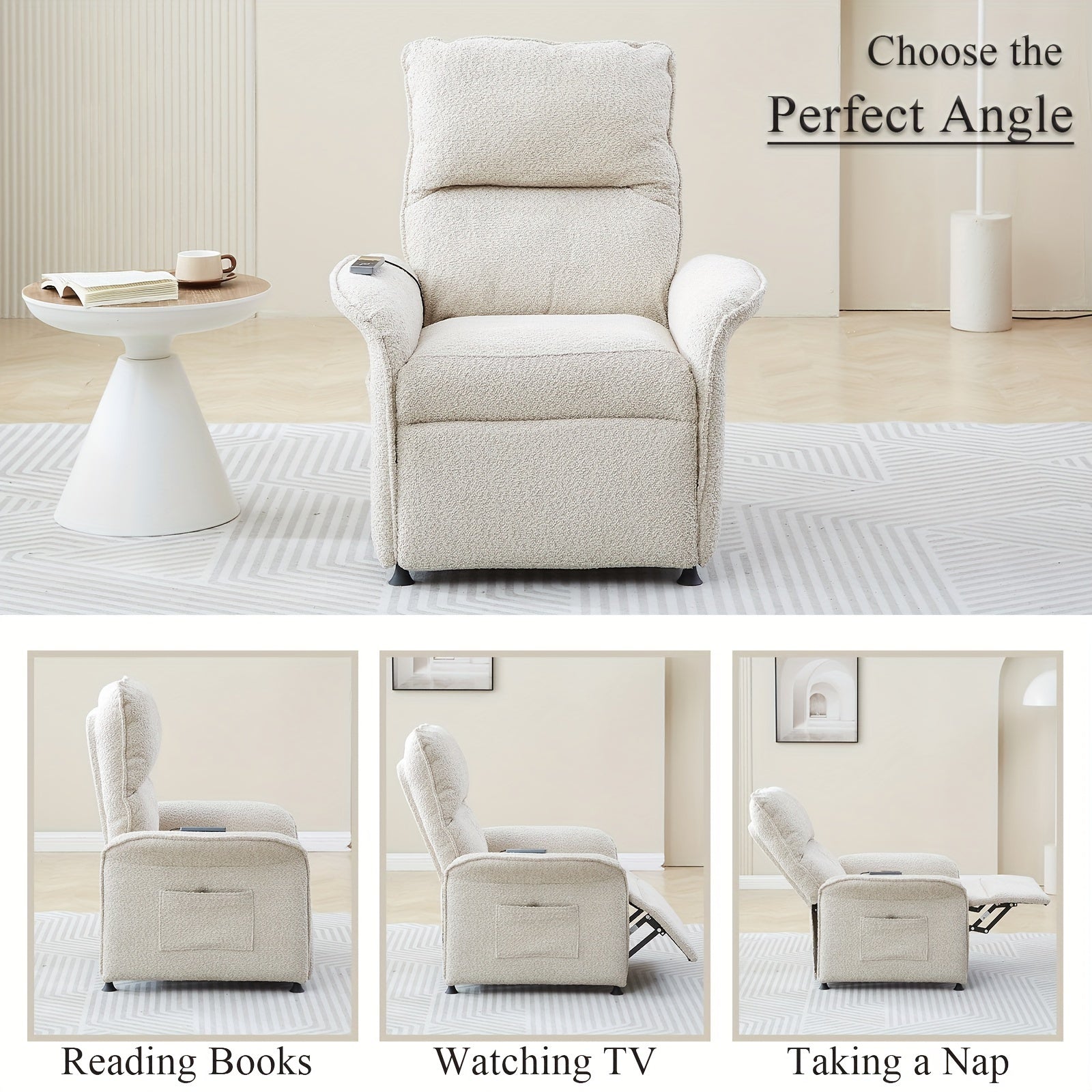 Power Recliner Chair For Living Room, Mid-Century Modern Single Reclining Chair, Sheep Lamb Fabric Lounge Armchair, Reading Chair With Remote Control For Adults