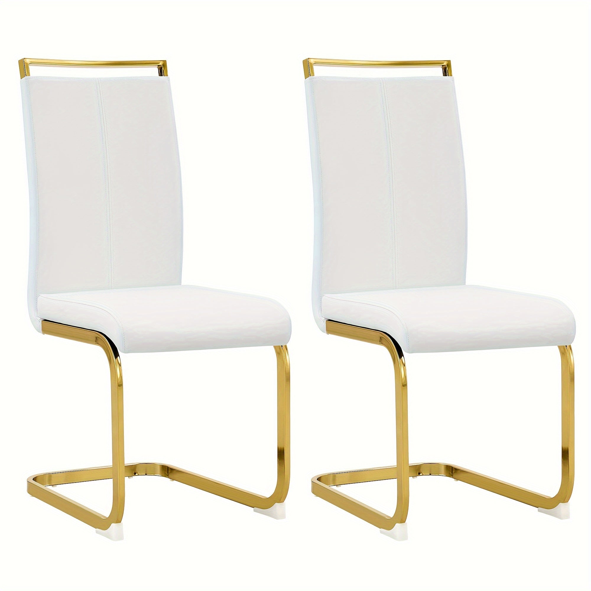 Modern Dining Chair, PU Artificial Leather High Back Soft Cushion Edge Chair, with Golden C-shaped Tube Chrome Metal Legs, for Restaurant Kitchen Vanity Club Guest Office Chair 2pcs Set White+PU