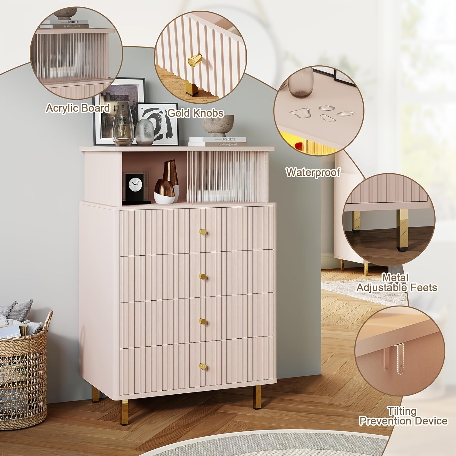 Modern White & Golden 4-Drawer Dresser with LED Lighting - Large Capacity Acrylic Accents for Bedroom Living Room