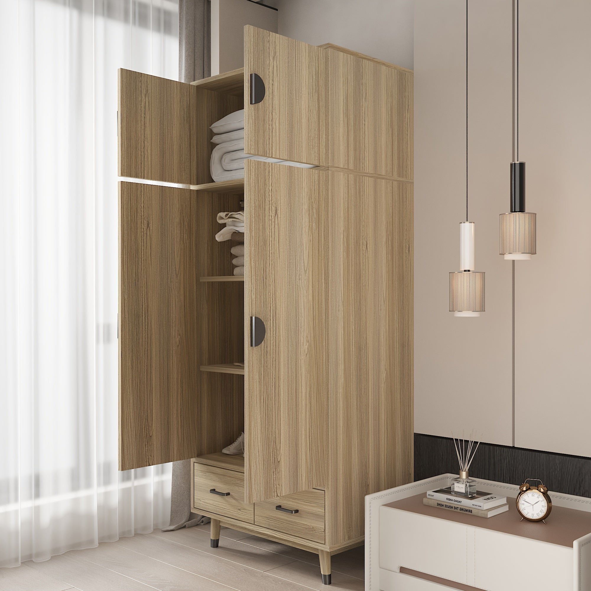 Large Armoire Wardrobe Bedroom Closet With 4 Doors, 2 Drawers, Removable Hanging Rod And Adjustable Shelves For Bedroom