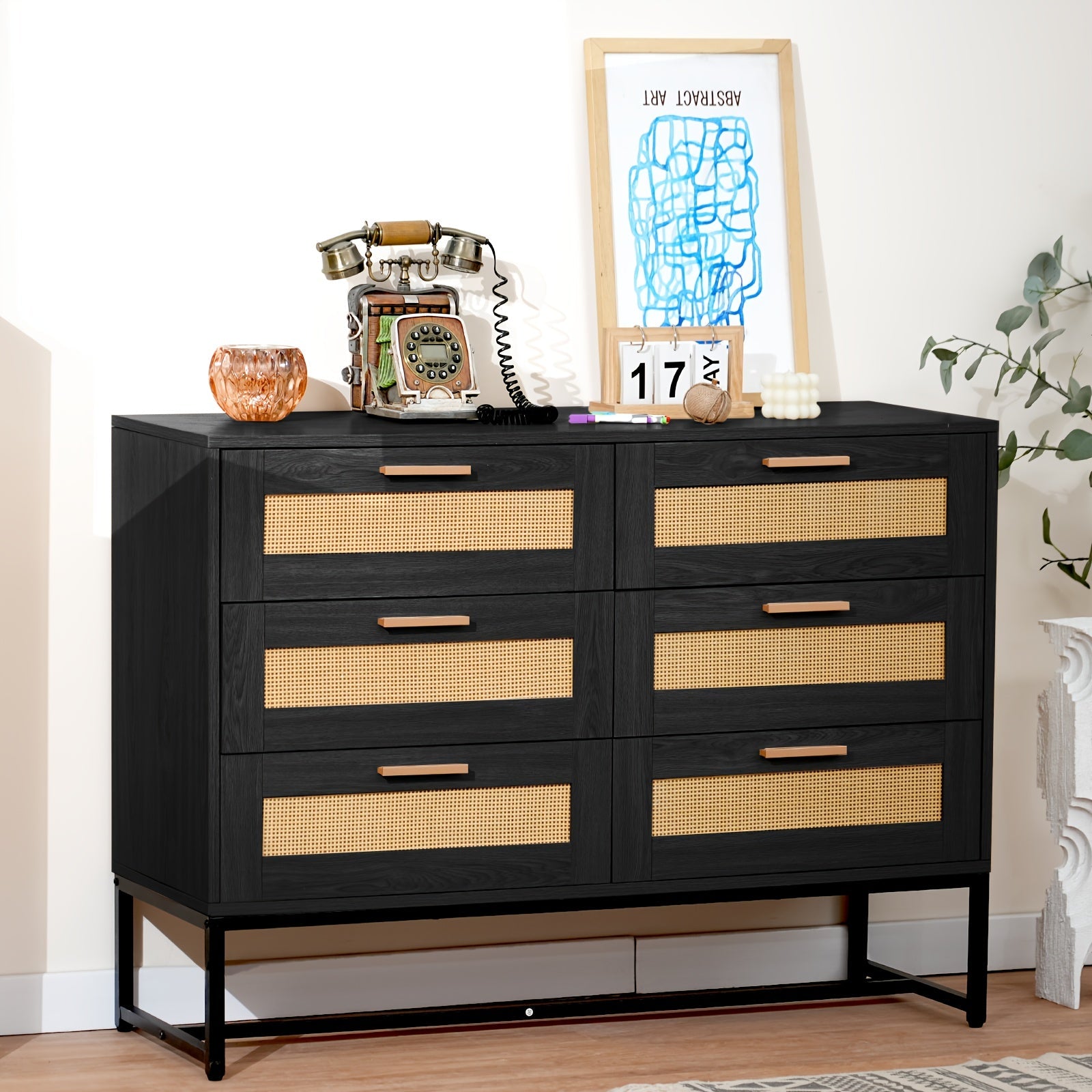 Rattan Dresser 6 Drawer Dresser For Bedroom Mid Century Modern Dresser Natural Rattan Chest Of Drawer Light Wood Dresser Boho Dressers For Entryway, Bedroom, Living Room, Hallway, 43.4'*31.5'*15'