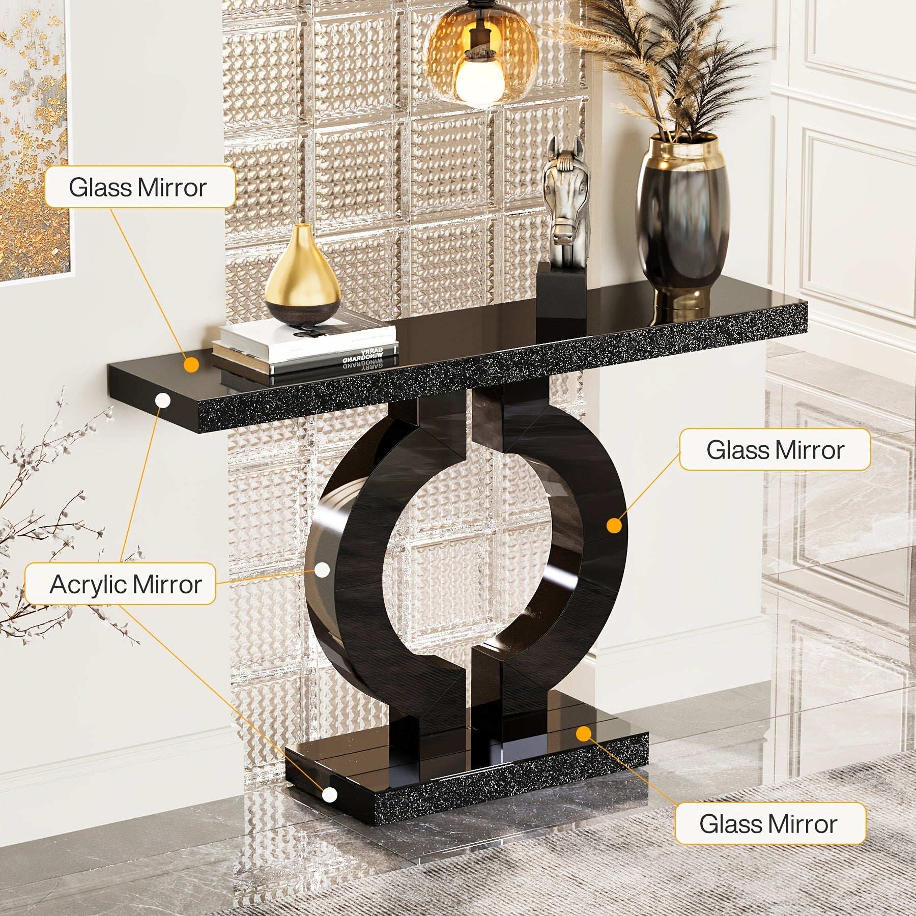 43-Inch Mirrored Console Table, Modern Glass Sofa Table With Mirror Finish, Entryway Table With O-Shaped Base, Rectangular Accent Foyer Table For Living Room Hallway Entrance (Black & Silvery), Christmas Renewal