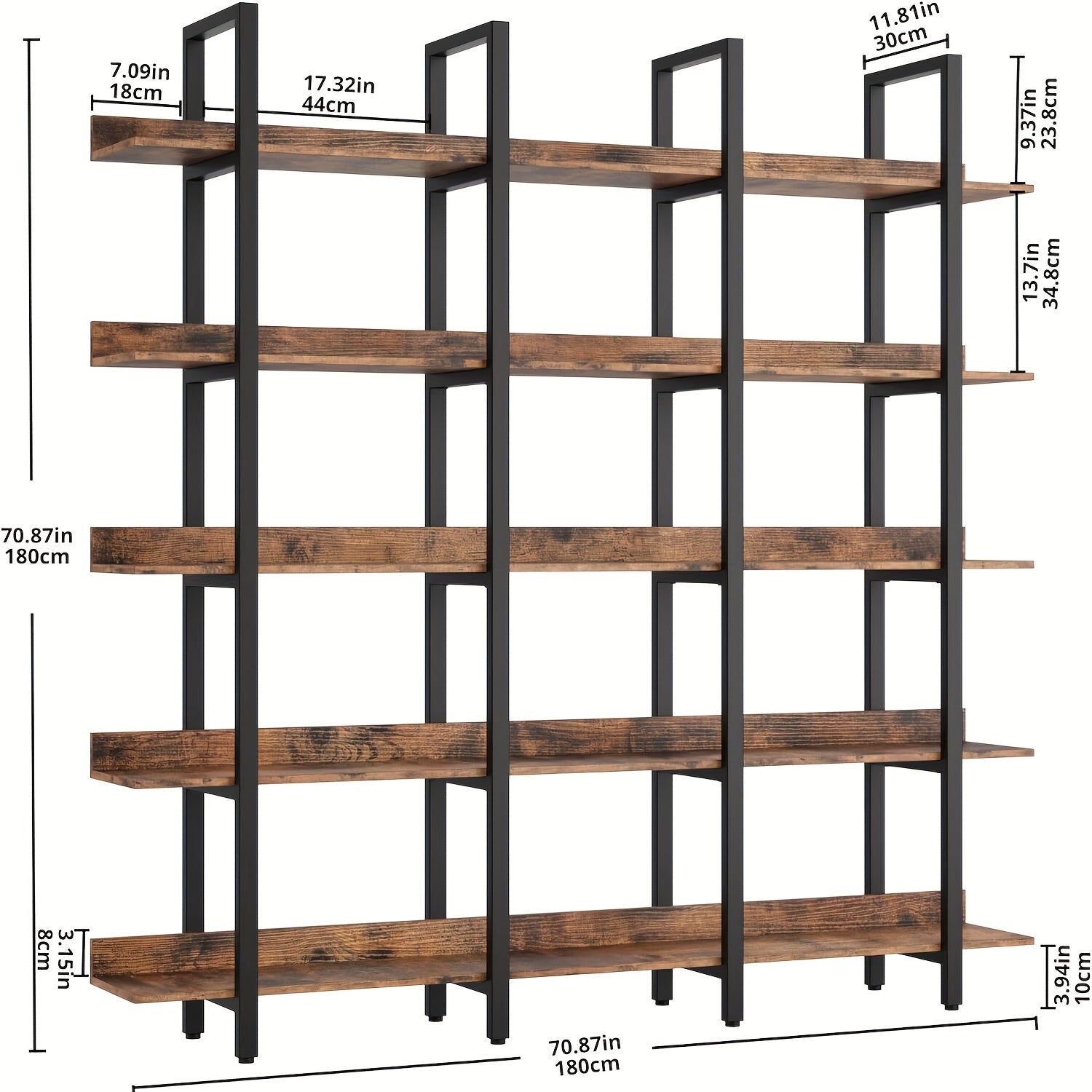 Triple Wide 5-Tier Etagere Bookcase With Baffle, Large Open Shelving Unit, Plant Stand, For Flower Room, Living Room, Vintage Brown