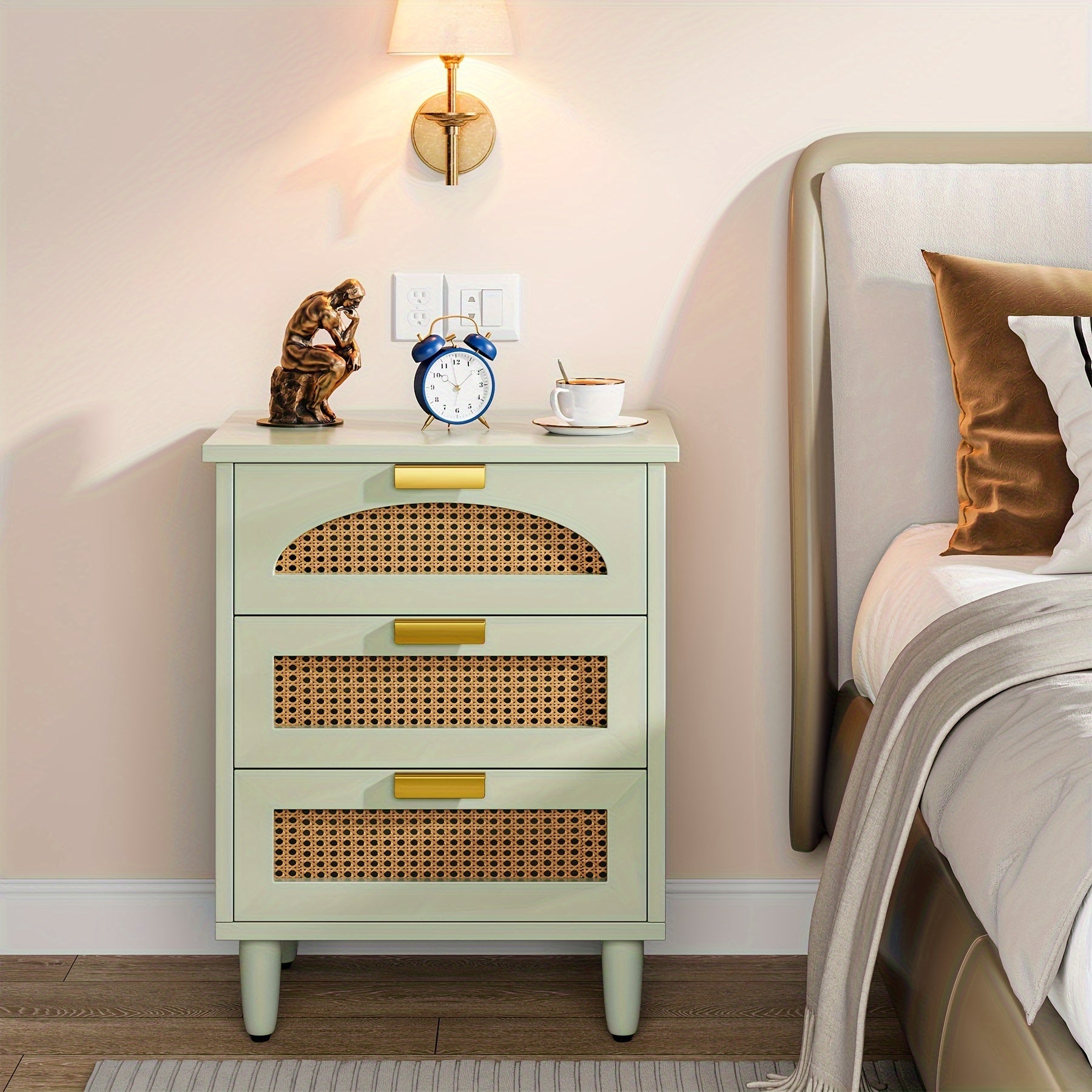 Charming Mint Green 3-Drawer Rattan Nightstand - Farmhouse Style Side Table with Ventilated Drawers, Durable Construction, Ideal for Bedroom & Living Room, Easy Assembly