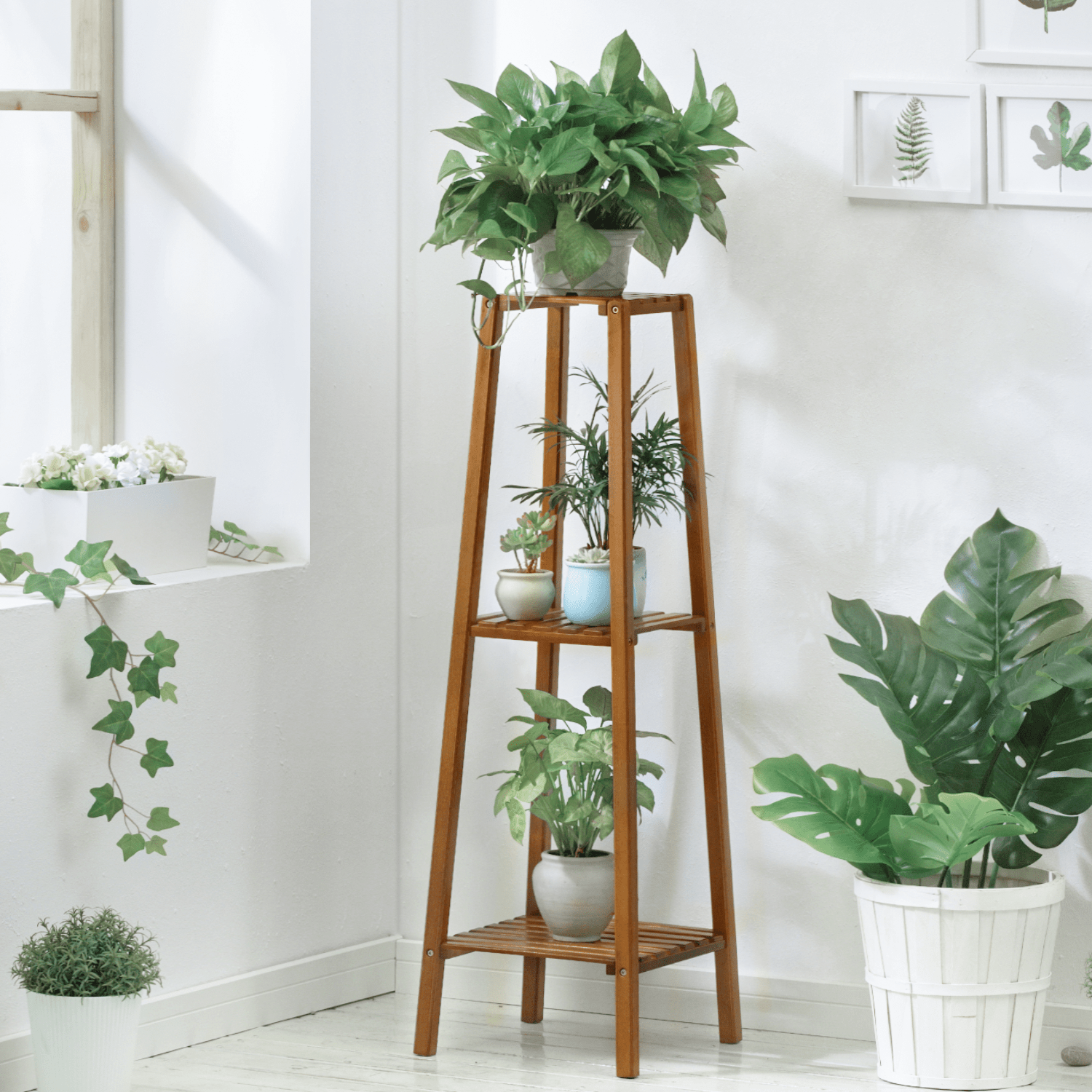 Bamboo 3-Tier Tall Plant Stand Pot Vase Holder Flower Seasoning Display Shelf Rack Small Space for Patio Garden Balcony Yard Living Room