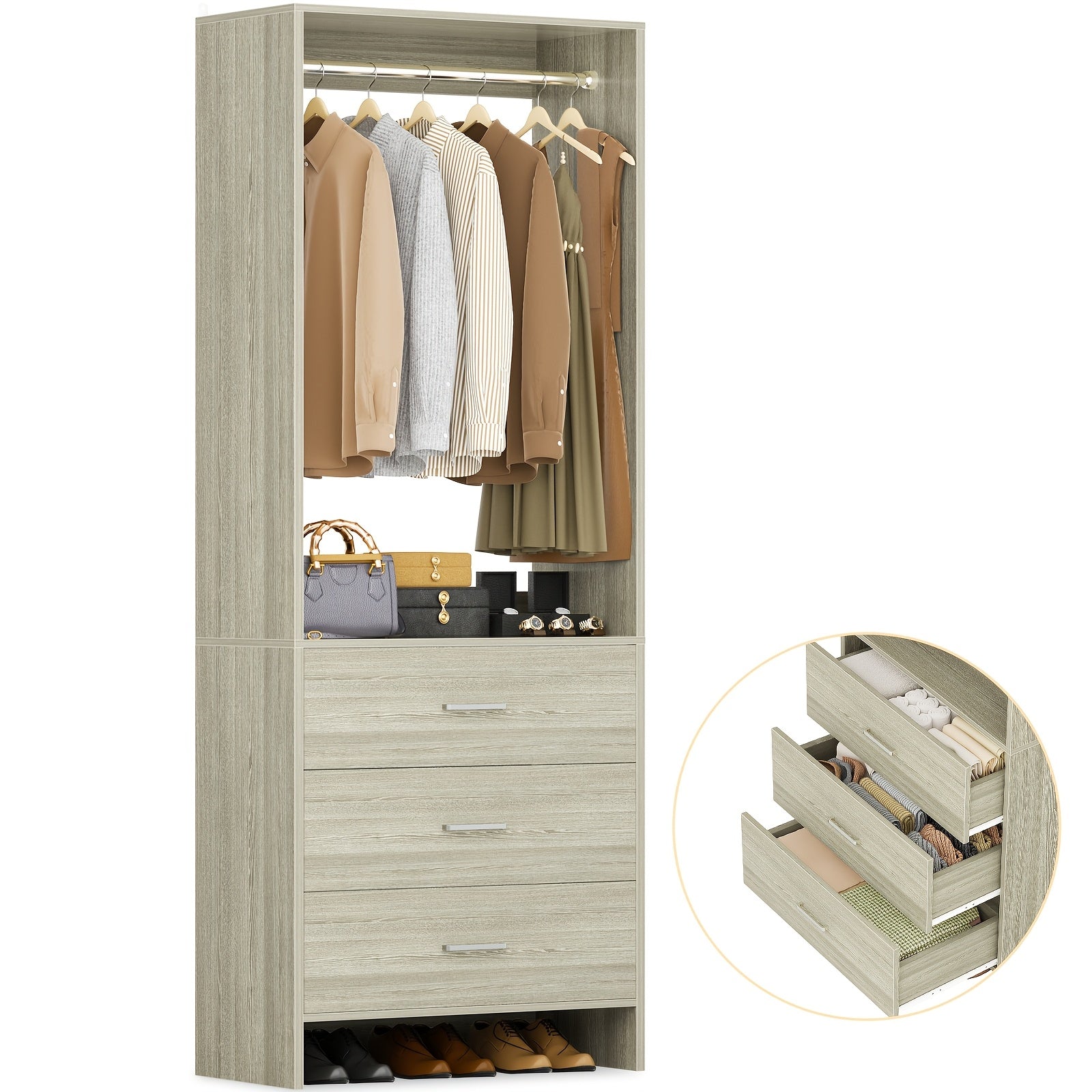 2ft Closet System with 3 Drawers, 24' Closet Organizer, Wooden Closet Organizer System, Walk-in Closet or Small Closets Wardrobe, Clothes Rack with Hanging Rods