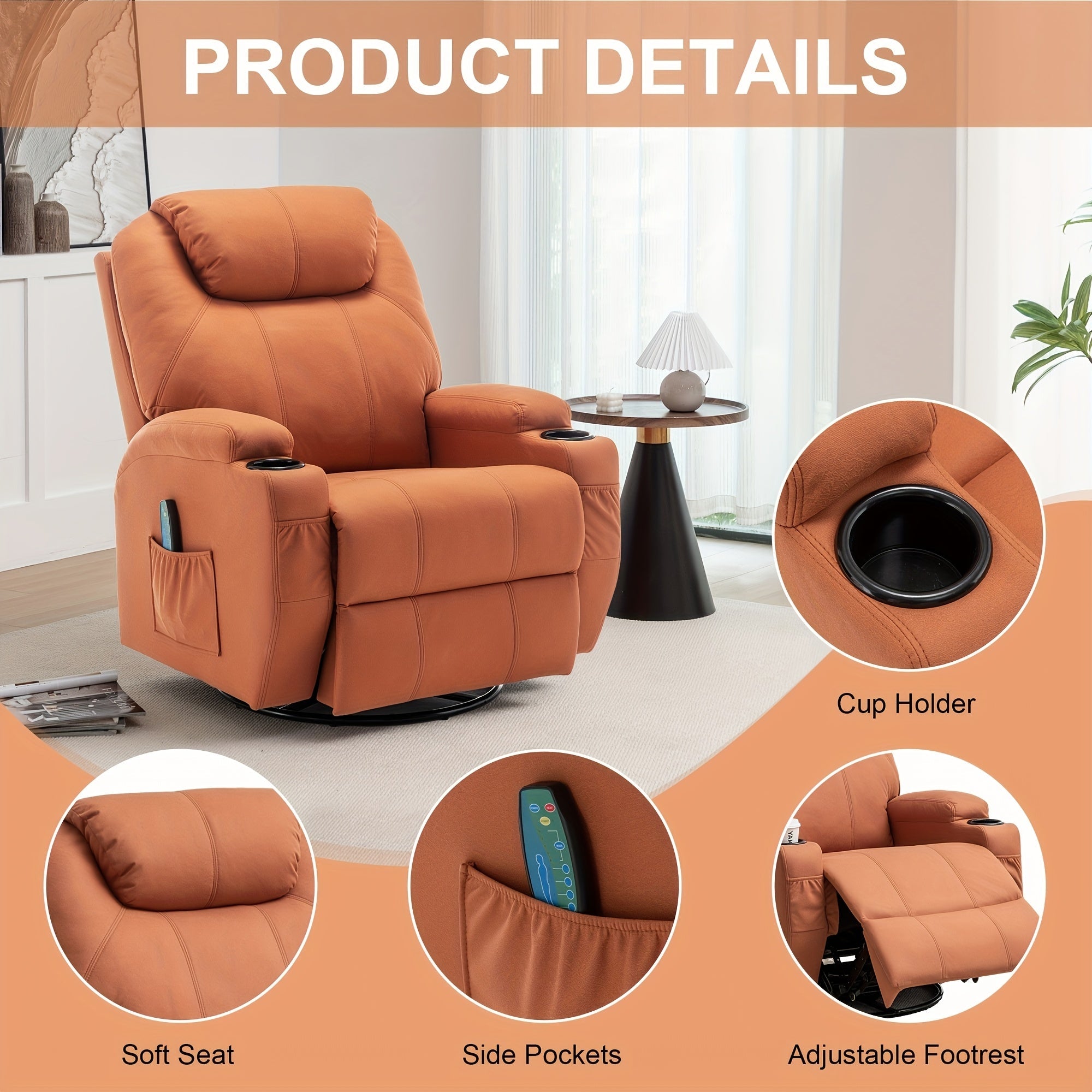 Ergonomic Orange Recliner Chair with Massage & Heat, 360° Swivel, Remote Control, Cup Holder - Manual Operation, Hardwood Frame