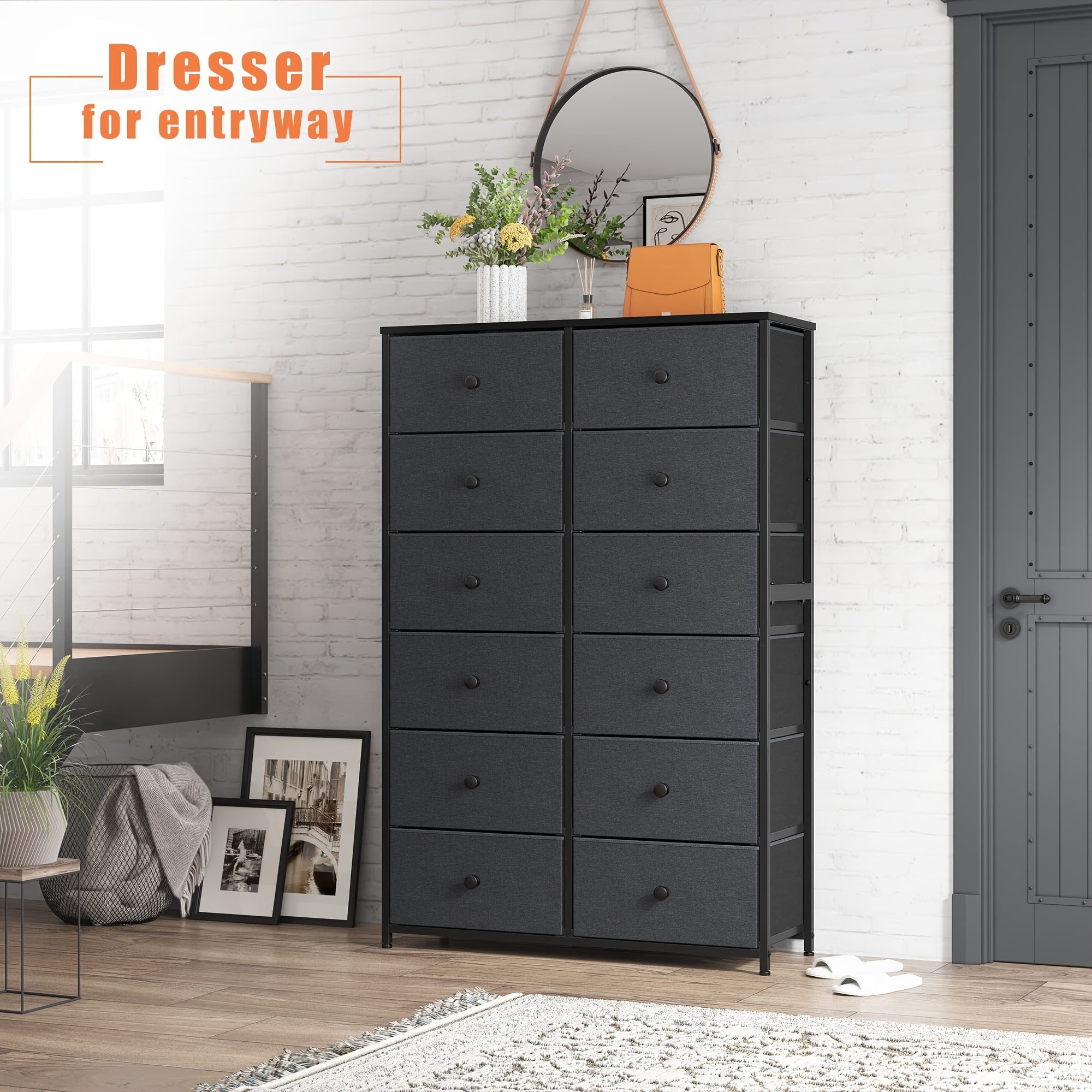 12 Drawer Dresser, Tall Dressers For Bedroom With Wooden Top And Metal Frame, Black Dresser & Chest Of Drawers For Bedroom, Closet Living Room, Black Grey, 11.9" D X 34.8" W X 52.2" H