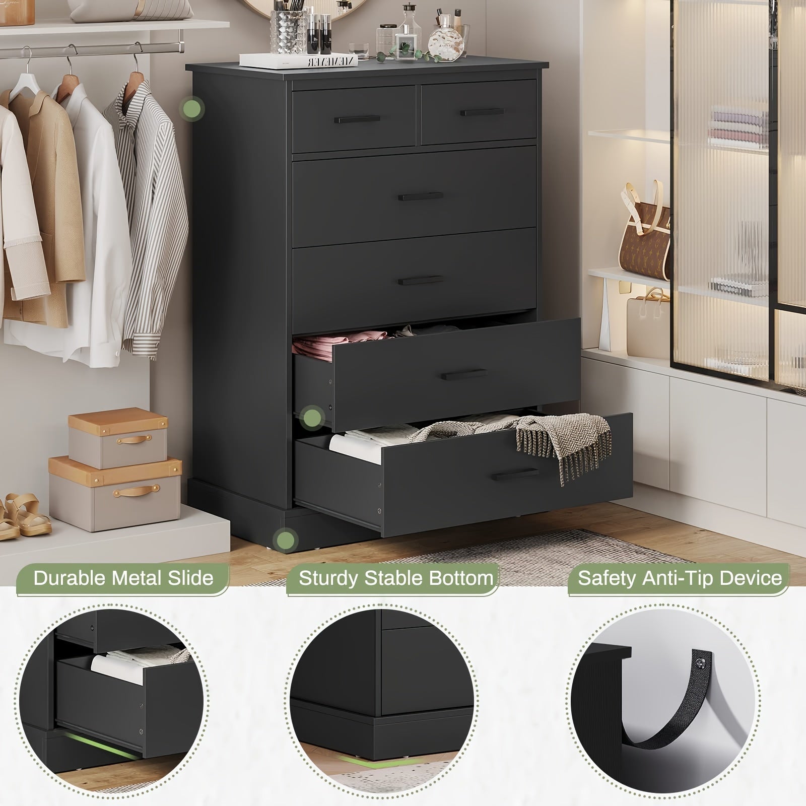 Bedroom Dressing Table 6 Drawer Chest Large Capacity Storage Cabinet Tall Dressing Table For Bedroom Hallway Entryway