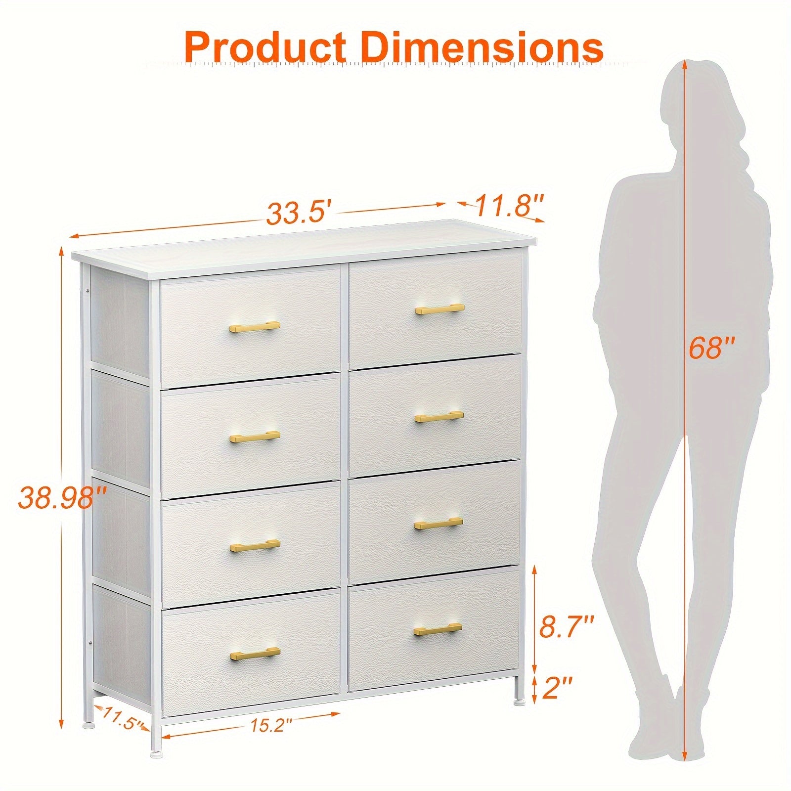 Dresser For Bedroom With 8 Drawers, Chest Of Drawers For Closet, Living Room, Hallway, White Dresser With Sturdy Steel Frame, Fabric Bins, (Glacier White)