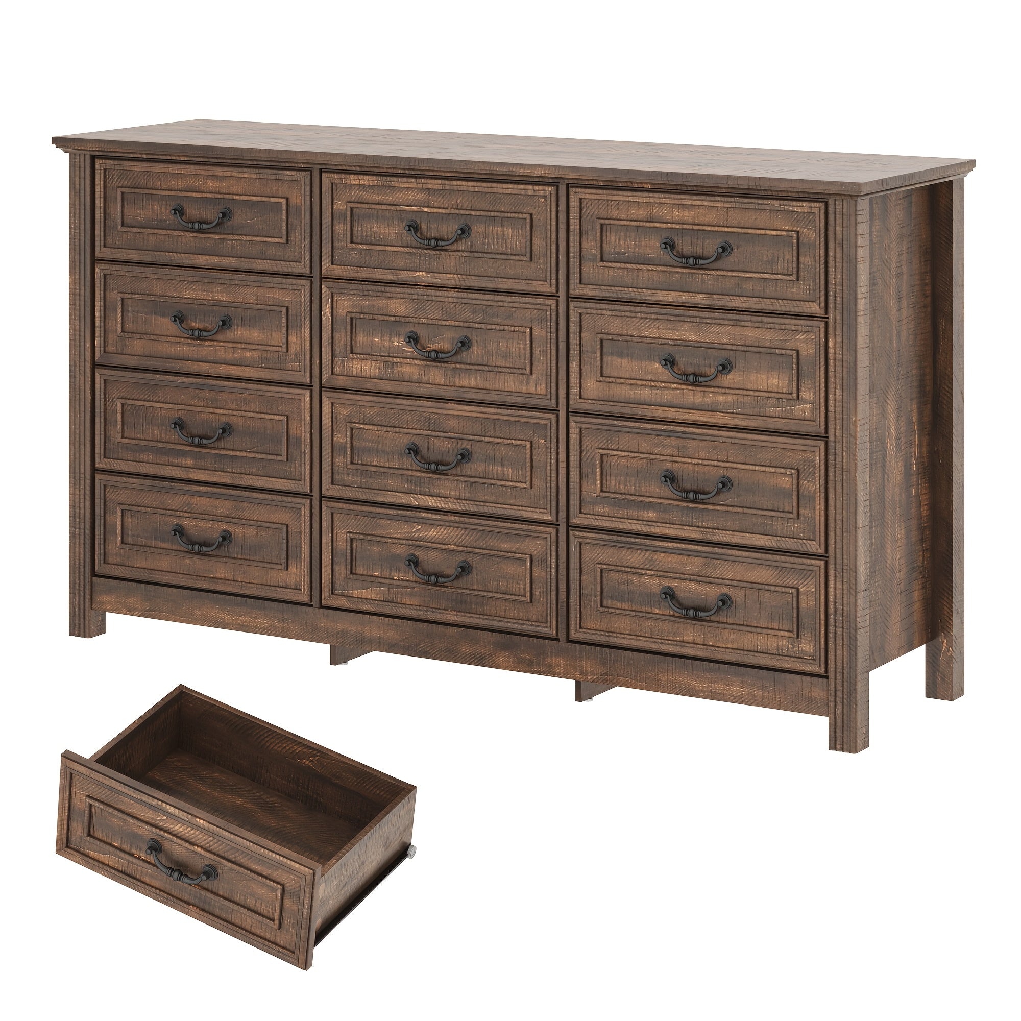 Spacious 160cm Wide Rustic Farmhouse Dresser with 12 Drawers - Vintage Wooden Chest of Storage Natural Textured Finish