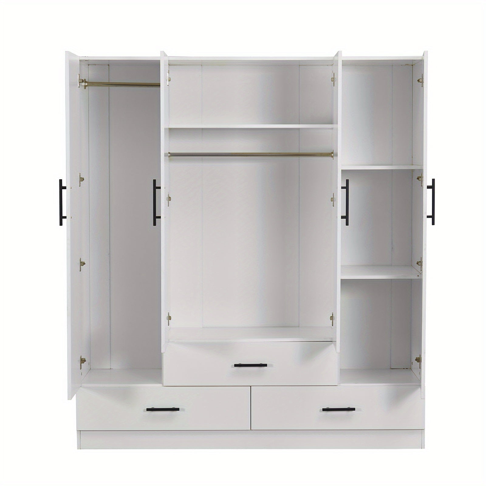 4-Door Armoires Wardrobe Closet with Hanging Rods & Drawers, Wood Bedroom Wardrobe for Clothing Storage