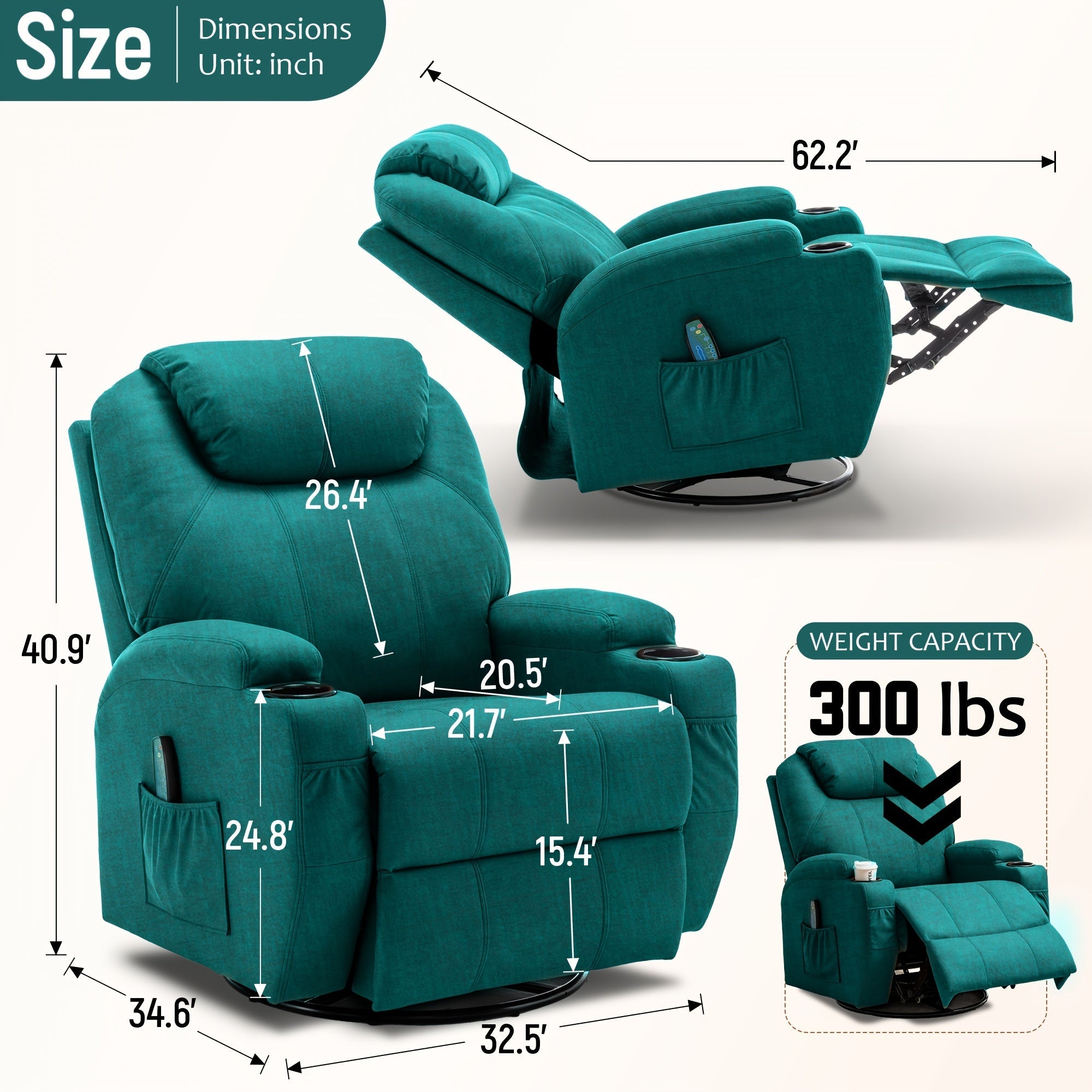 Massage Swivel Rocker Recliner with Heat and Vibration Massage, Manual Rocking Recliner Living Room Chair