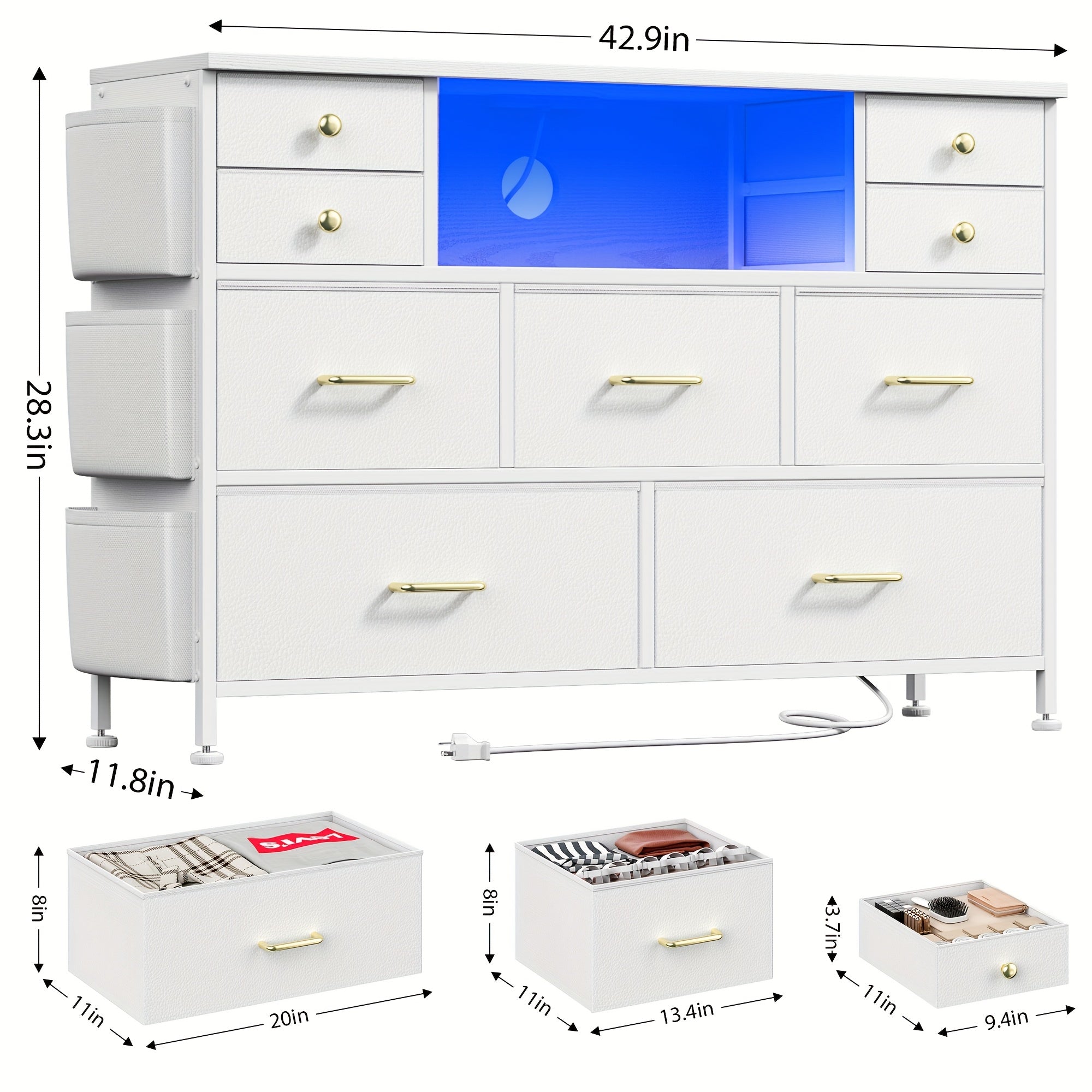 9-Drawer Dresser with Charging Station and LED Lights, Sleek Dresser Accommodating 55" TV, TV Stand Dresser with 3 Practical Side Pockets for Bedroom, Drawer Dresser Organizer Modern Wood Dresser for Bedroom Living Room Hallw