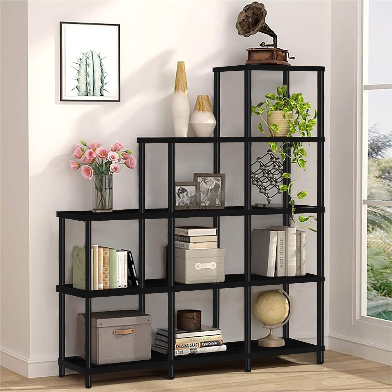 14 Shelves Bookshelves, Industrial Ladder Corner Bookcase, Rustic 5-Tier Display Open Shelf Storage Organizer for Living Room