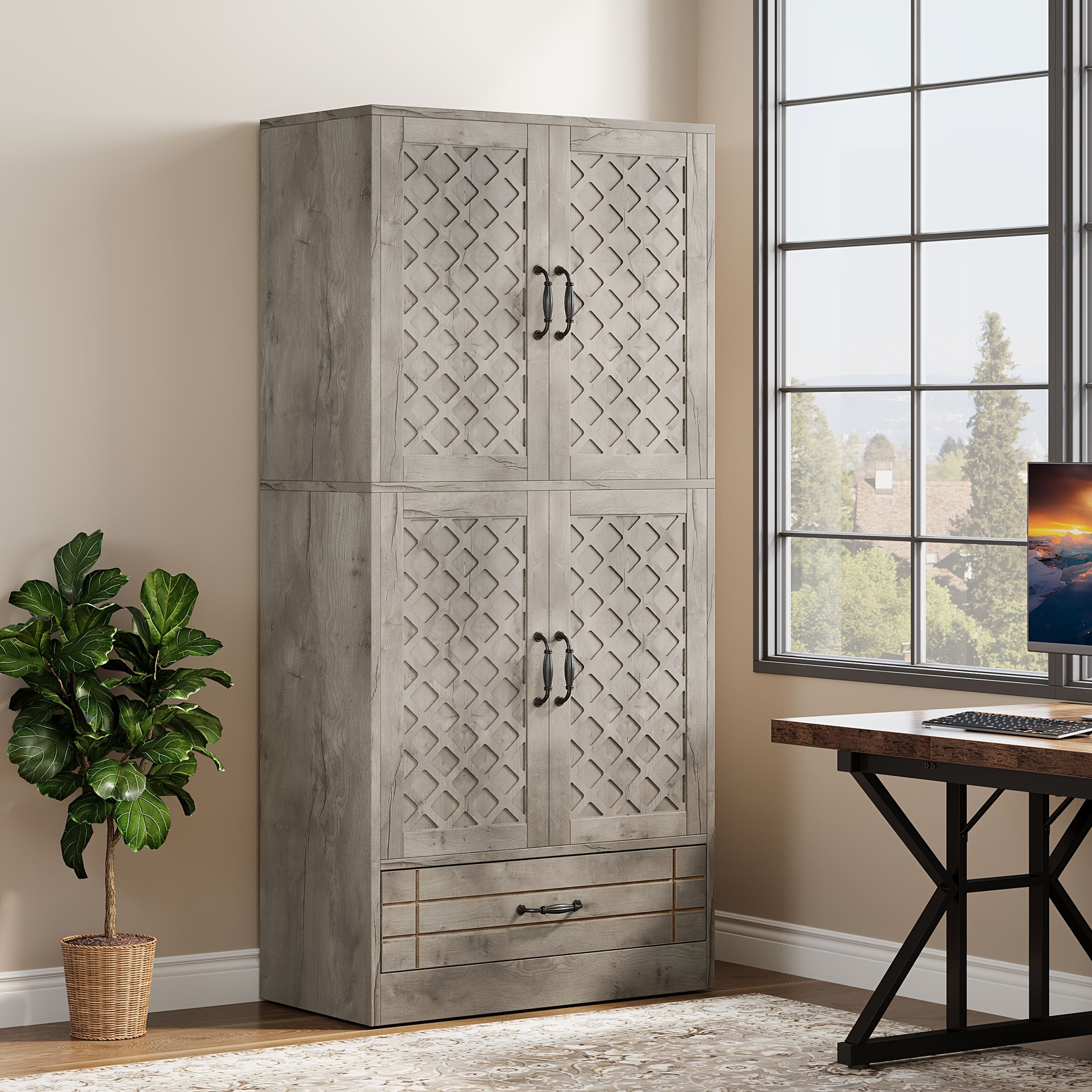 Vintage-Inspired 70’’ Wooden Bookshelf with Doors & Drawer - Spacious Storage Cabinet for Home Office Living Room