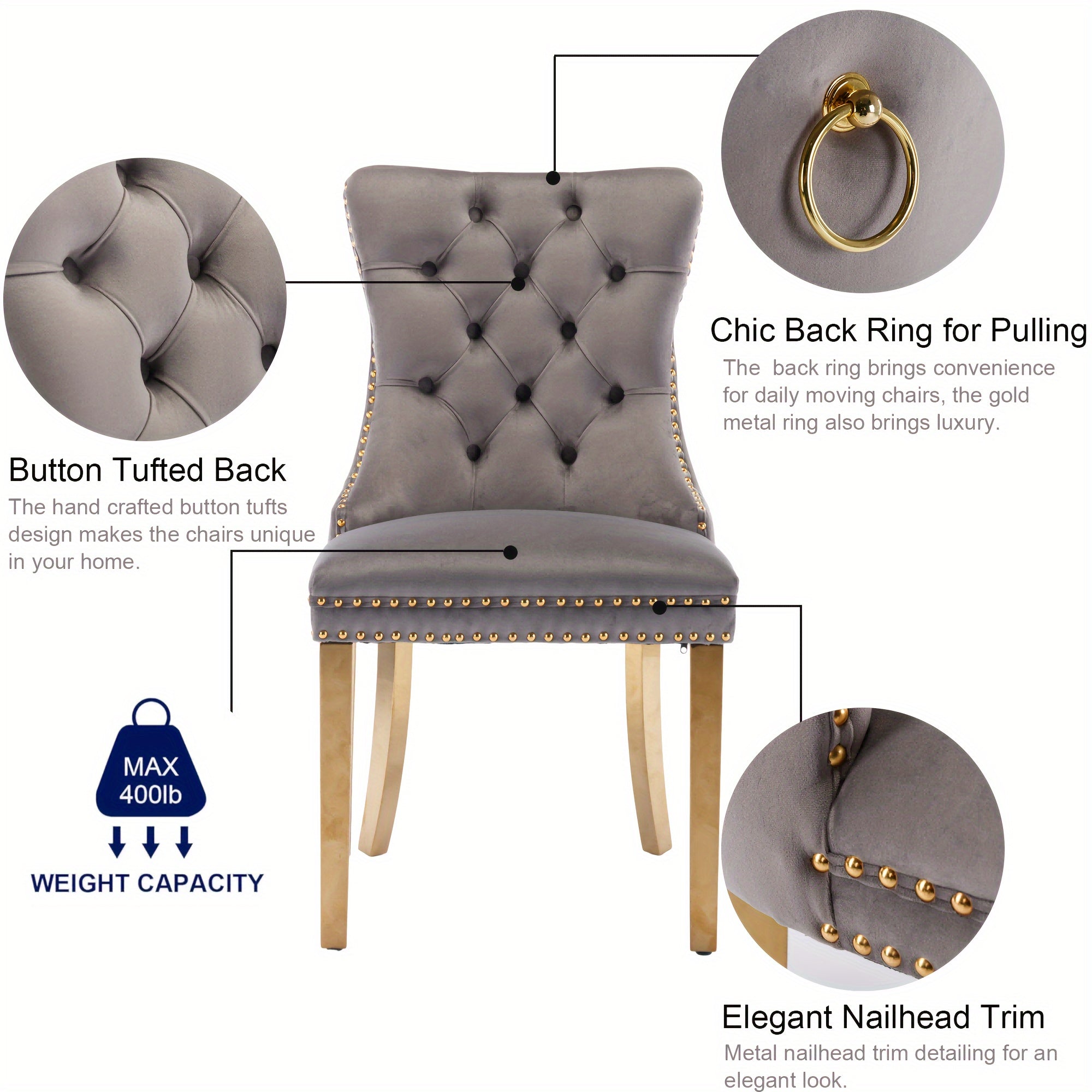 Set of 2 Upholstered High-end Dining Chairs, Tufted Side Chair with Golden Stainless Steel Plating Legs, Nailhead & Back Ring Pull Trim, Kitchen Dining Room Furniture, Tufted Dining Chairs