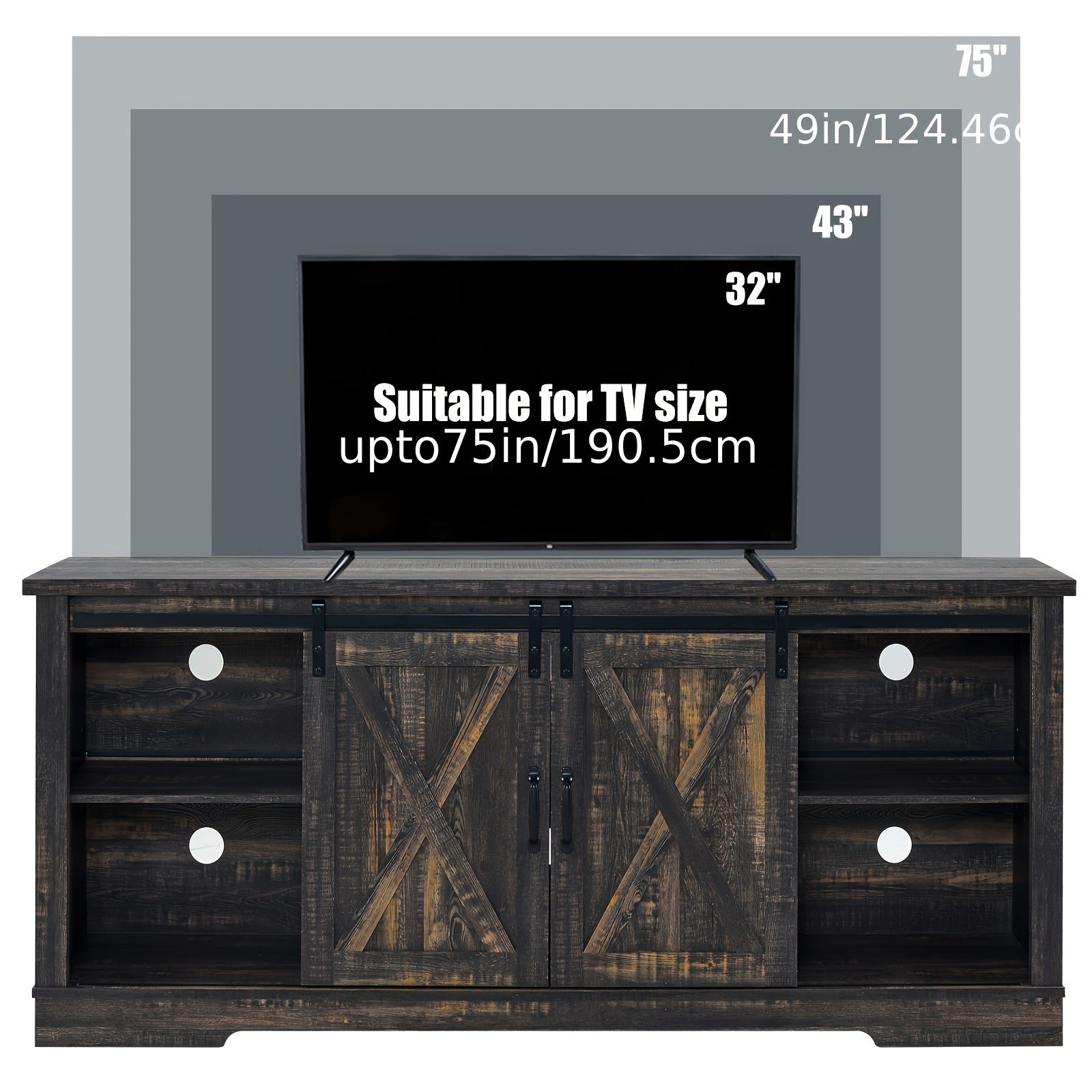 66" Farmhouse TV Stand for 75" TVs, Entertainment Center with Sliding Barn Doors, Adjustable Shelves and Feet, Storage Console Table