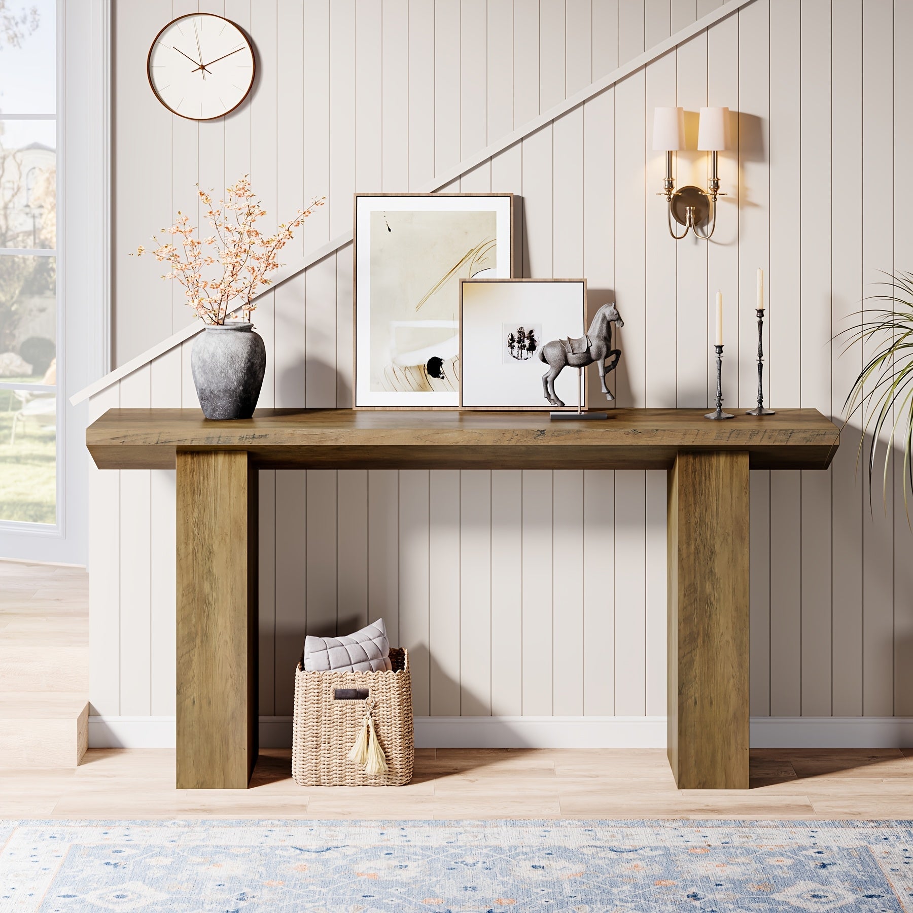 Chic Farmhouse Console Table - 63" Long, Stain-Resistant MDF Wooden Desk with Unique Inverted Triangle Design for Office, Entryway, or Living Room Decor