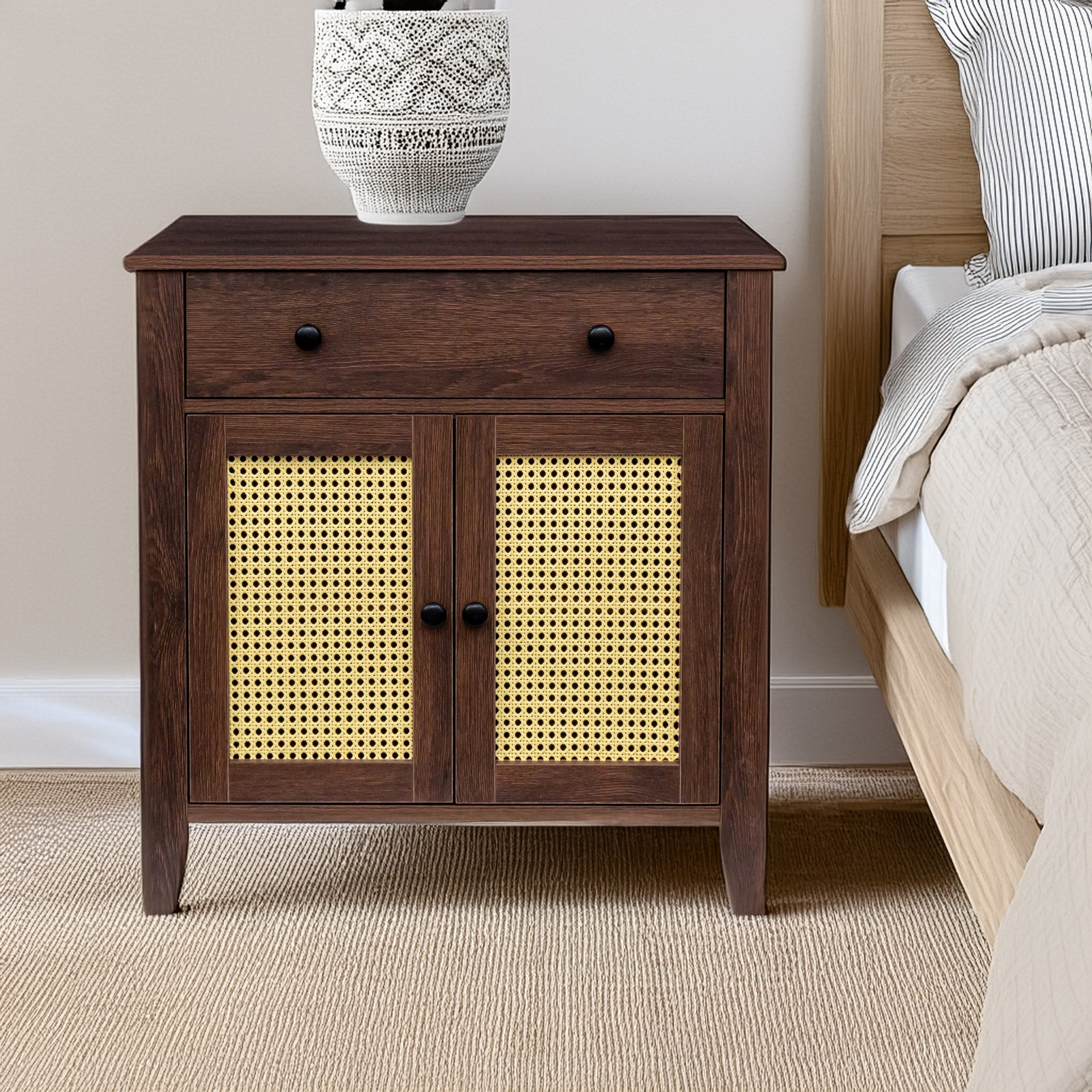 Rattan Nightstand, Mid Century Modern Nightstand With Rattan Decorated Door And Adjustable Shelf, Bedside Storage End Table With Drawer, Night Stand For Bedroom And Living Room