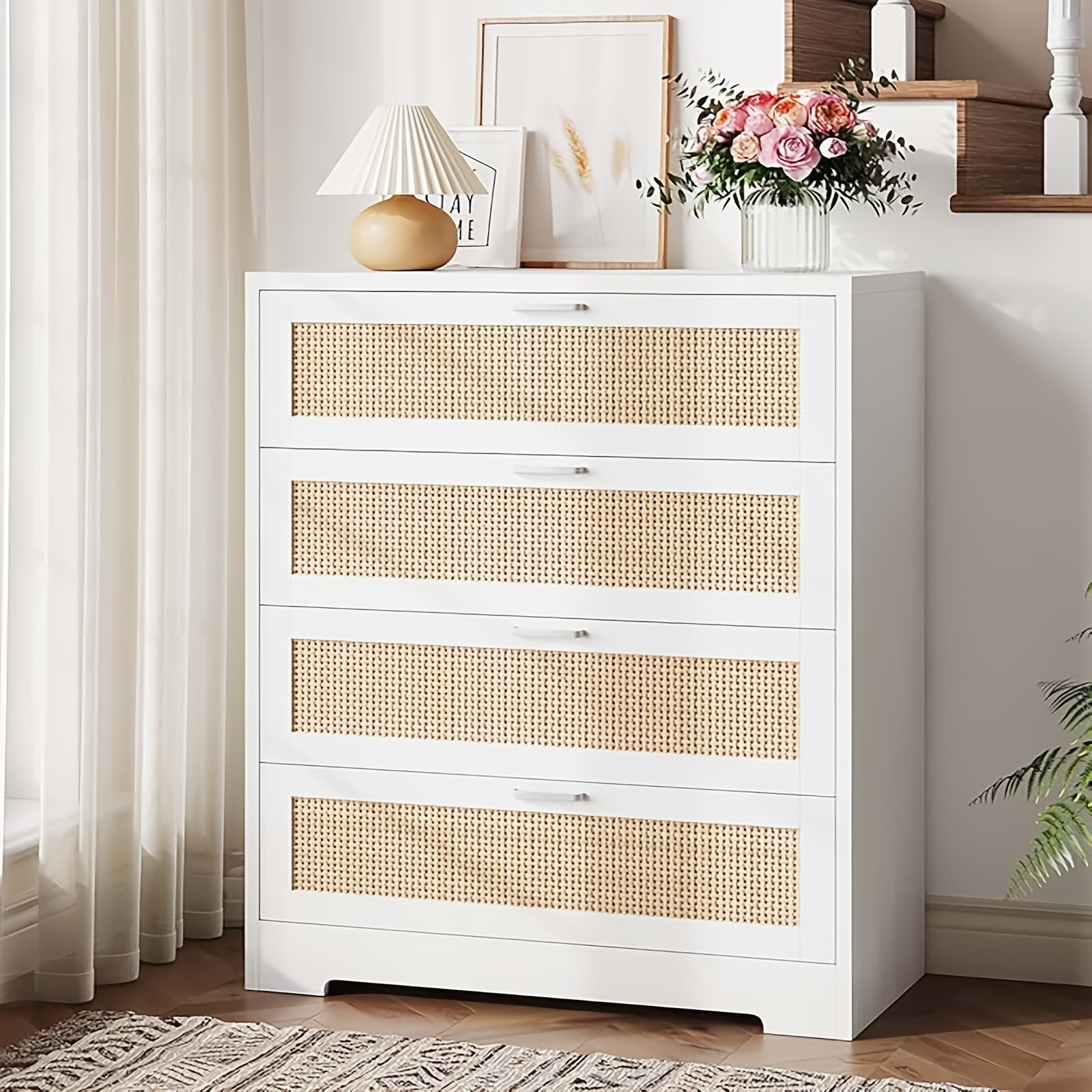 1pc Classic White Wooden 4-Drawer Dresser with Rattan Detail, Floor Mounted Tall Chest with Power Outlets, Metal Handle Organizer for Bedroom, Living Room, Closet, Hallway - Independent, No Electricity Needed, Under 3.2 Cubic