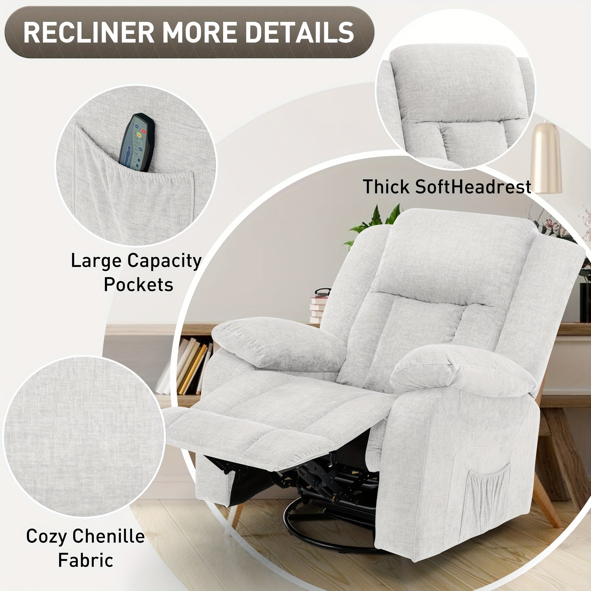 Recliner Chair, Rocking Chair With Massage And Heat, 360° Swivel Recliner Chairs For Adults, Rocker Manual Recliner With Remote Control And USB Port For Living Room, Bedroom, Nursery