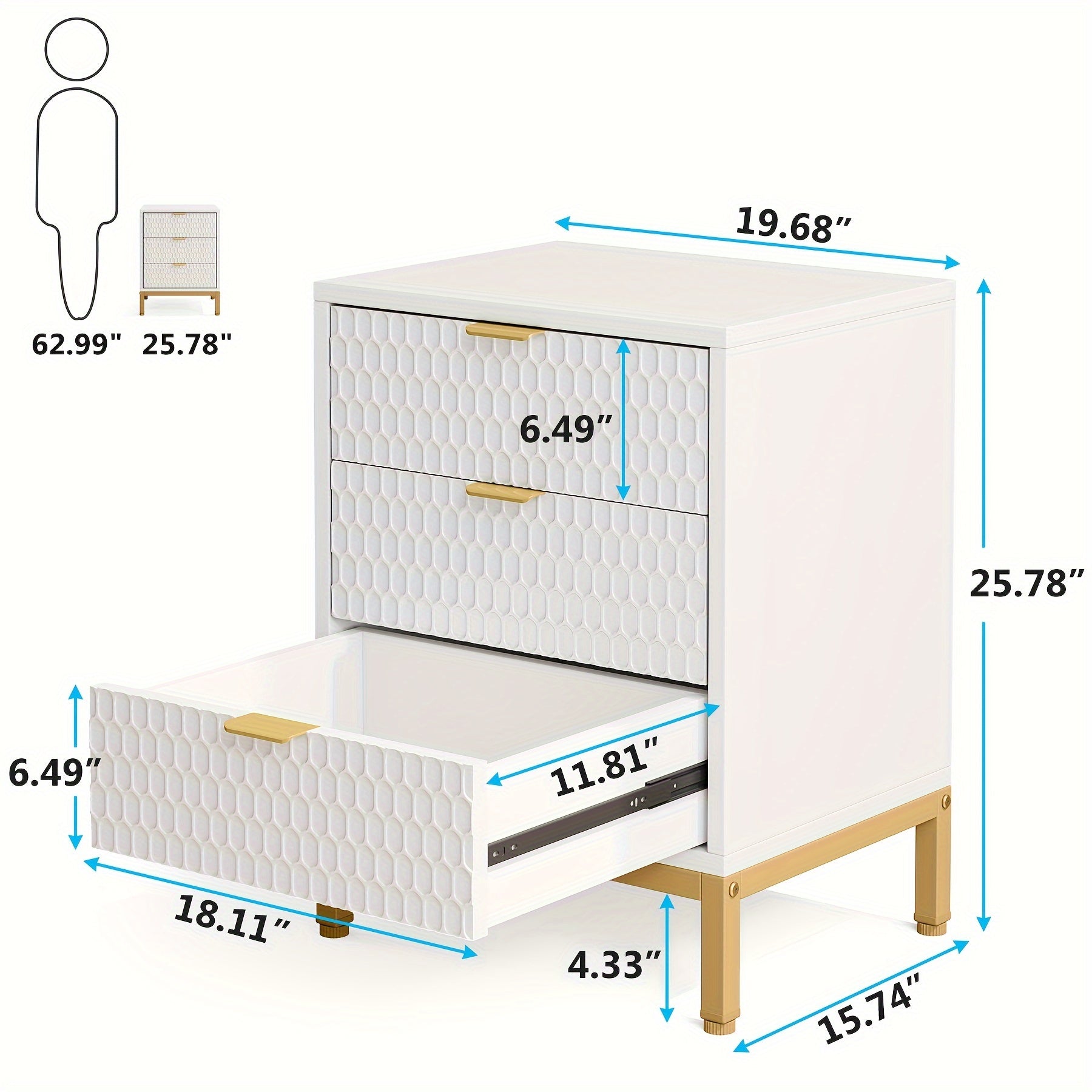 Modern 3 Drawers Nightstand Golden White Bedside Chair Side End Table With Storage For Living Room