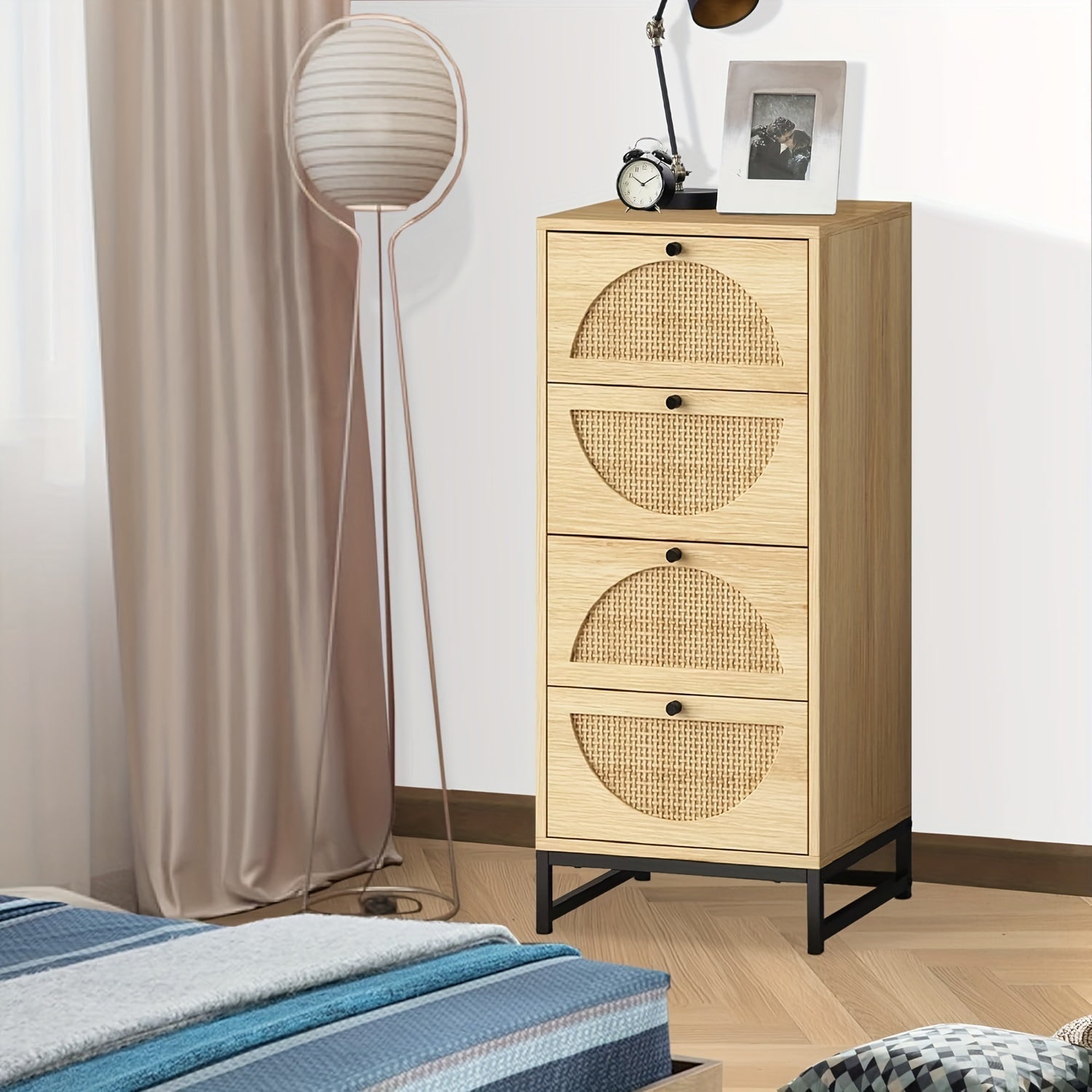 Dresser with 4 Drawers, Tall Wooden Bedside Table with Metal Base, Wood Accent Table with Storage, Rattan Nightstand for Bedroom, Dorm and Small Spaces, Retro Style