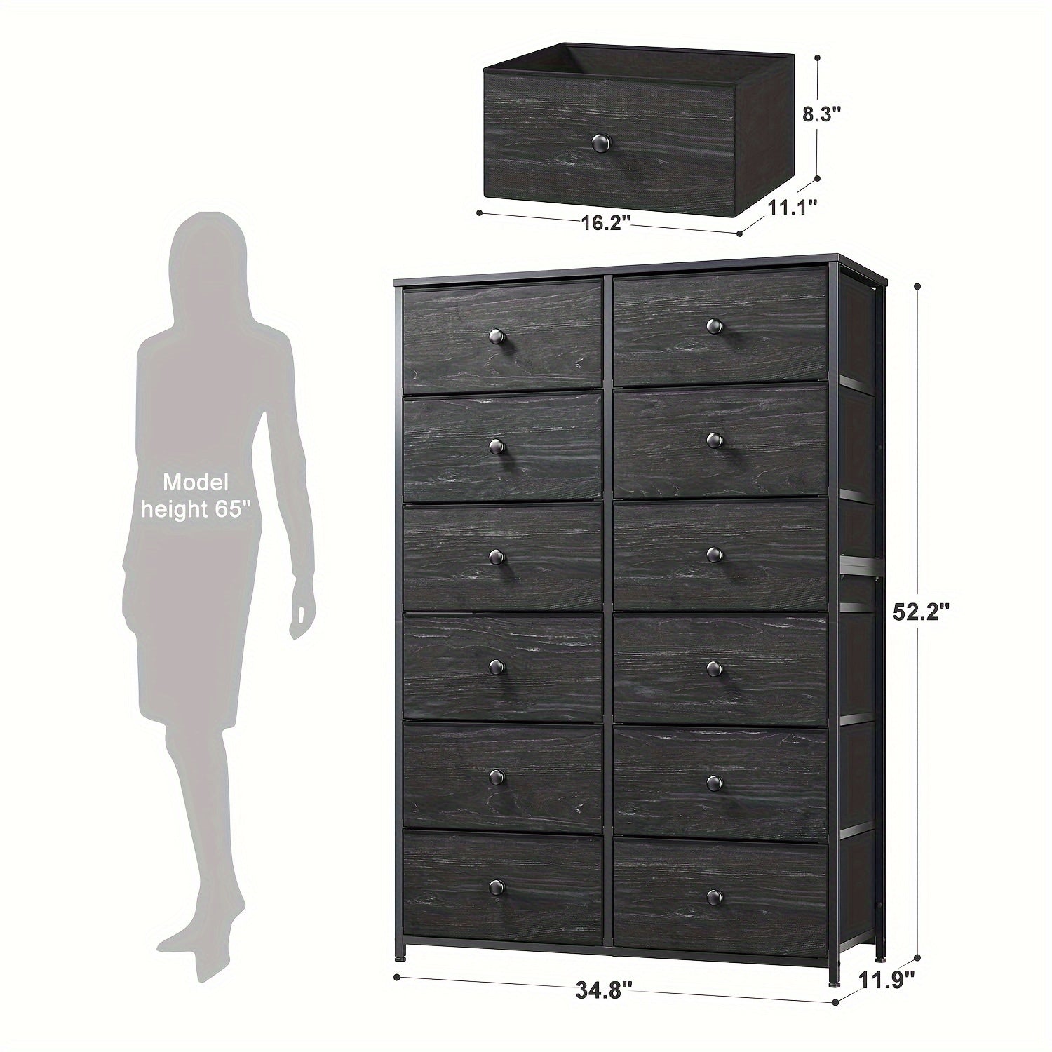 Tall Dresser For Bedroom, 12 Drawer Dresser For Bedroom, Fabric Dresser & Chest Of Drawers For Bedroom Dressers With 12 Large Drawers For Closet Living Room Entryway, 34.7"Dx11.8"Wx52.4"H