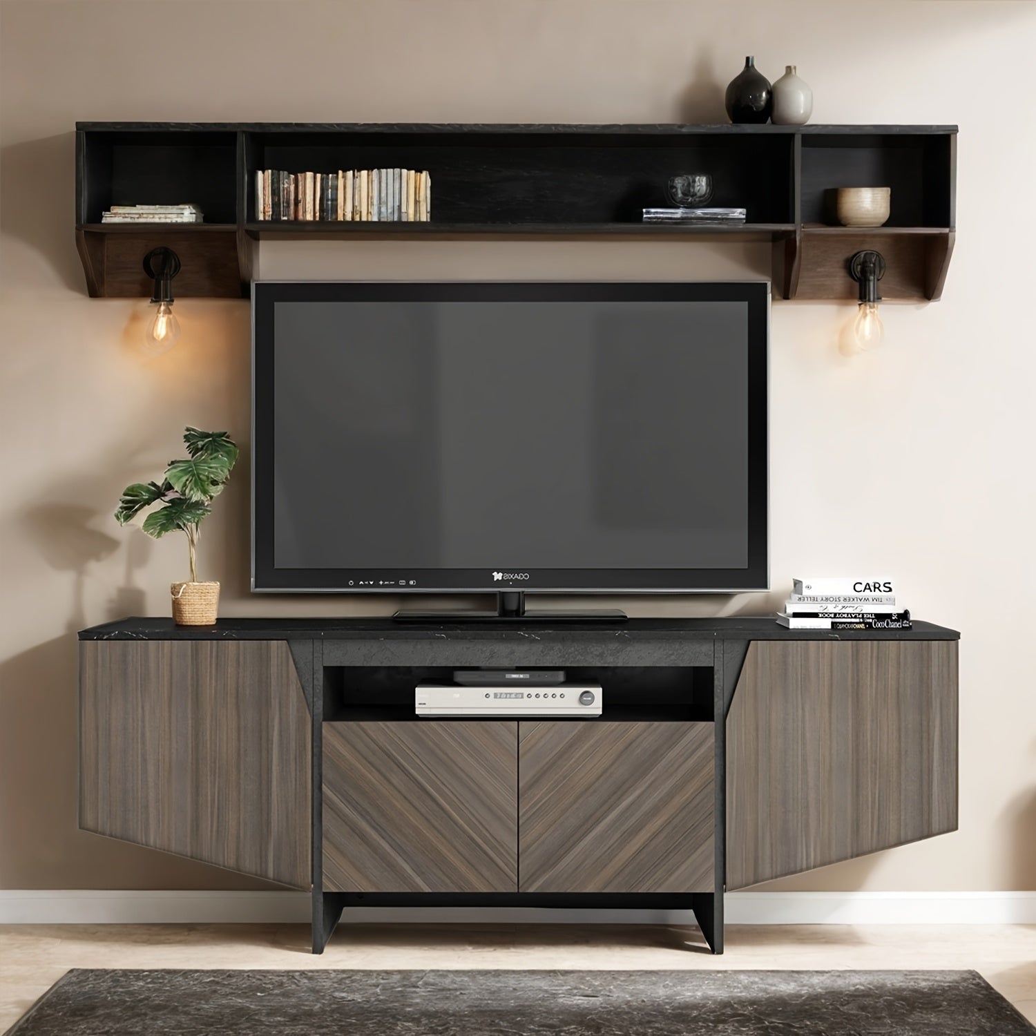 1 Piece Modern Creative 4 Door TV Cabinet With Plenty Of Storage Space, Black And Walnut Finish, Suitable For Living Room, Space Saving Design, Durable Structure, Easy To Assemble