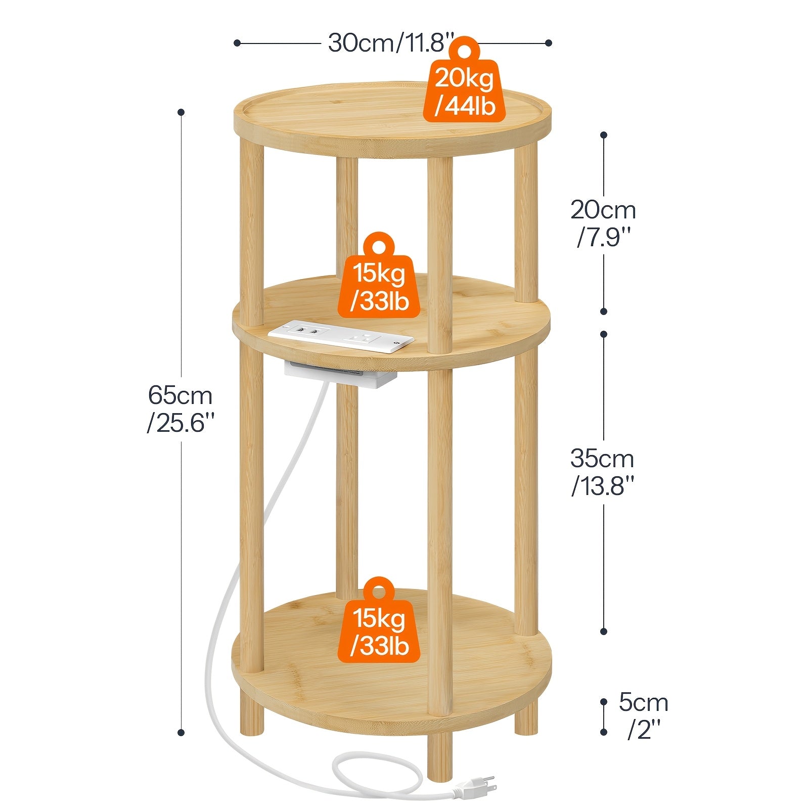 Mall Round Side Table with Charging Station, 3-Tier Round Bamboo End Table, Compact Sofa Bedside Table for Small Space, Easy Assembly, for Living Room, Bedroom, Apartment, Natural