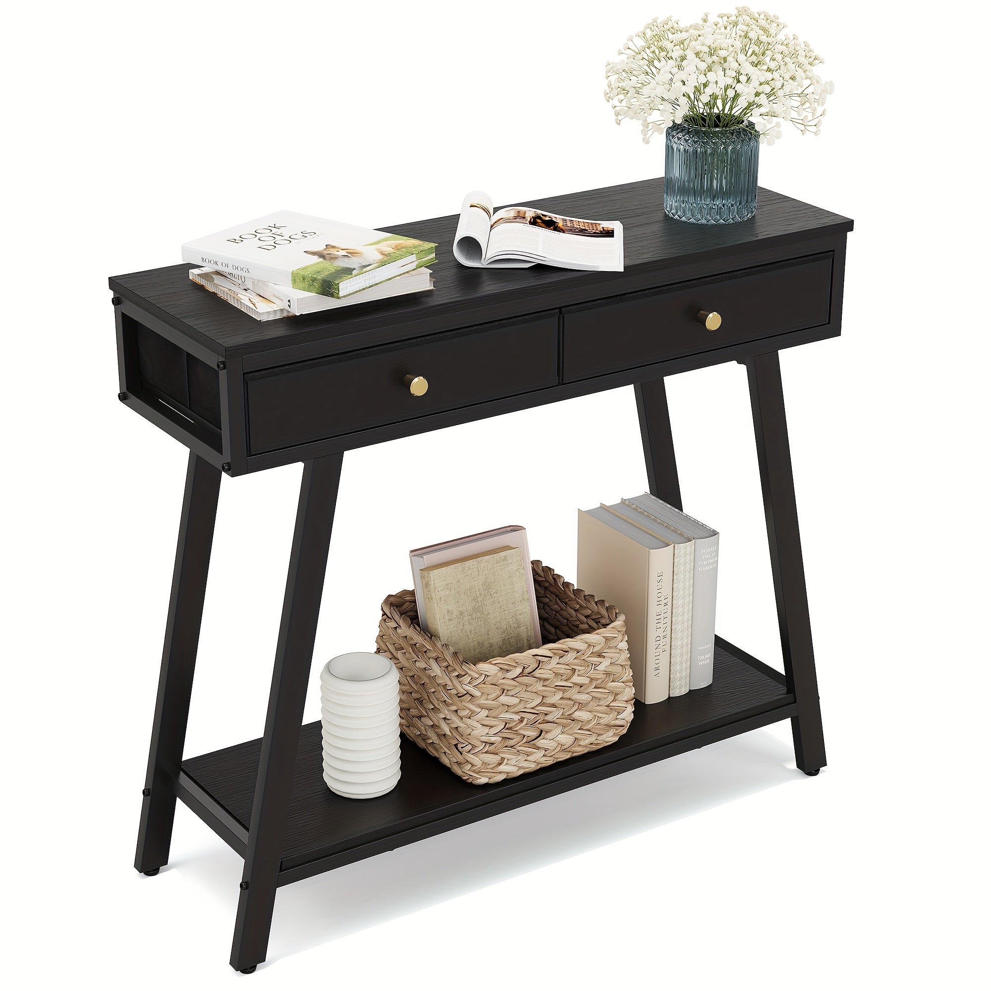 1pc Black 2-Tier Entryway Side Table, 2-Drawer Console Table