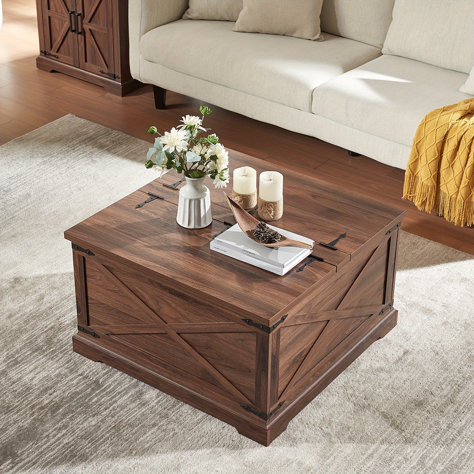 Rustic Farmhouse Square Coffee Table With Lift-Top & Hidden Storage, Wood Center Table With Large Hidden Storage Compartment For Living Room Or Bedroom