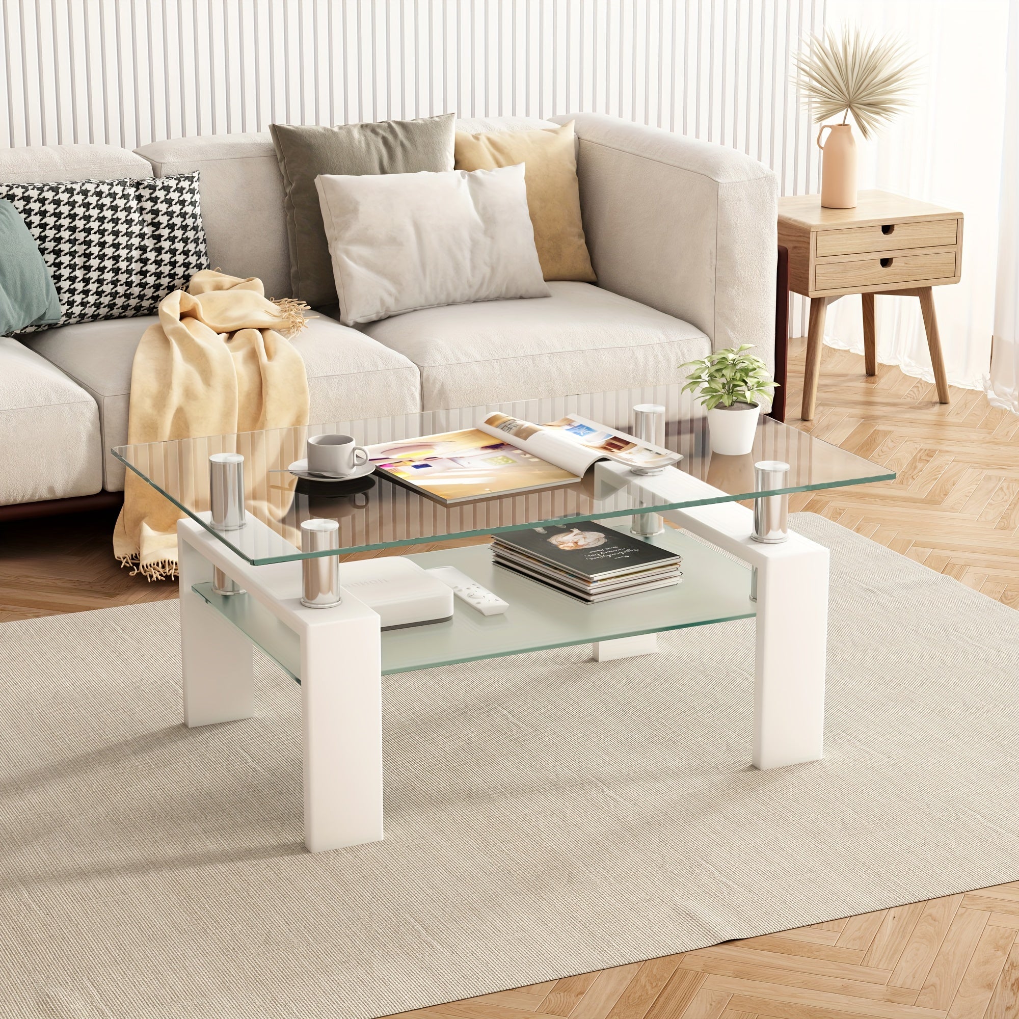 Classic Style Rectangular Tempered Glass Coffee Table with Metal Frame, Durable Living Room Centerpiece with Modern White Accents, Leisure & Home Office Compatible, No Assembly Required