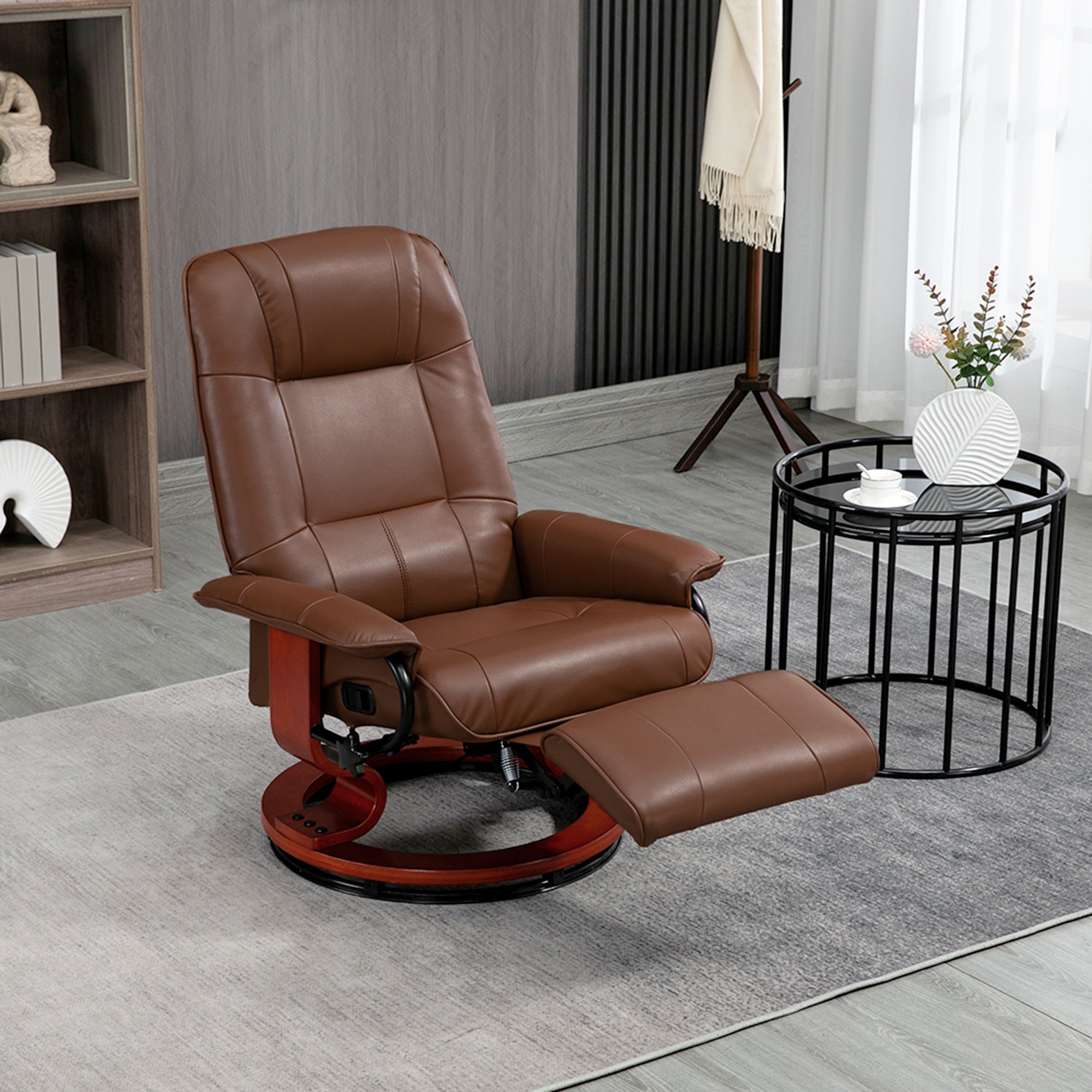 Brown Faux Leather Recliner - Adjustable Swivel Lounge Chair with Footrest, Armrests & Solid Wood Base for Living Room