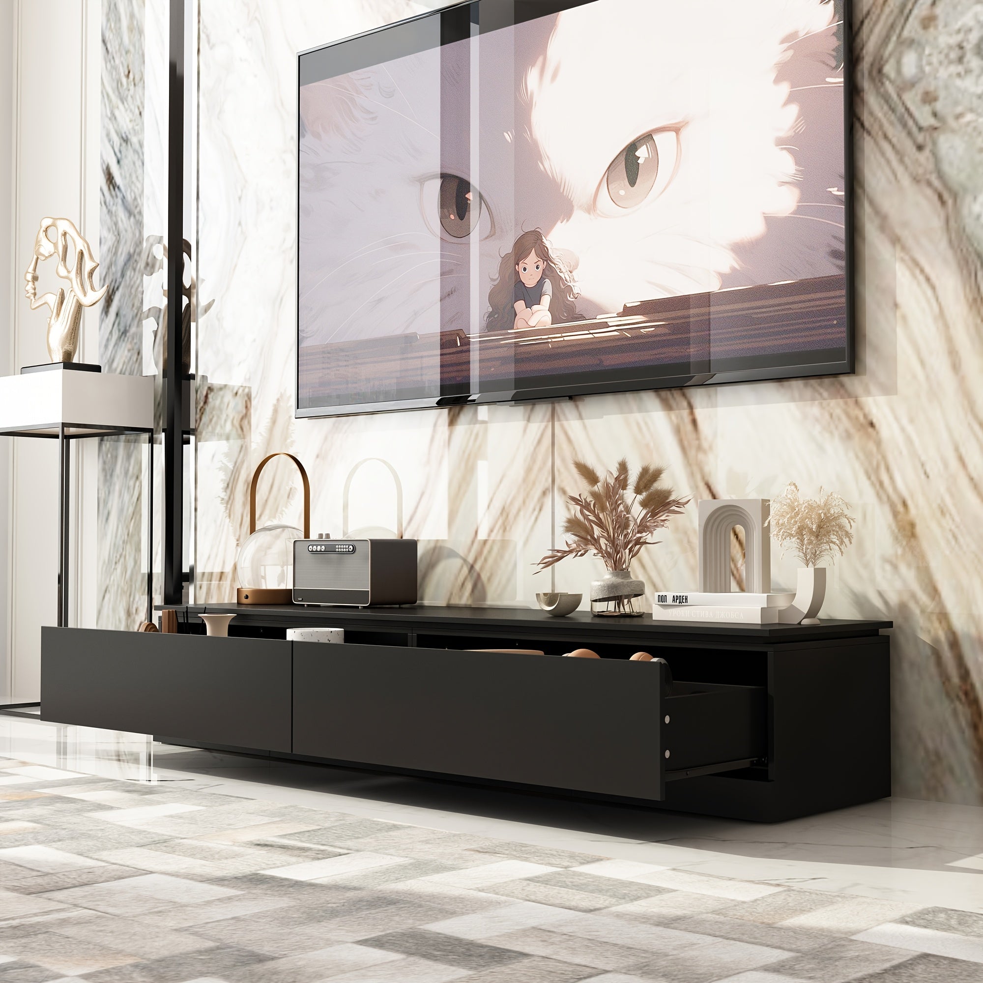 FUFU&GAGA Modern TV Stand, Hardwood & Wood-Based Panel Construction, Elegant Entertainment Center with Ample Storage, Independent Design, LED Vanity Table, with <3.2 Cubic Feet Closed Storage, for No Electricity Required