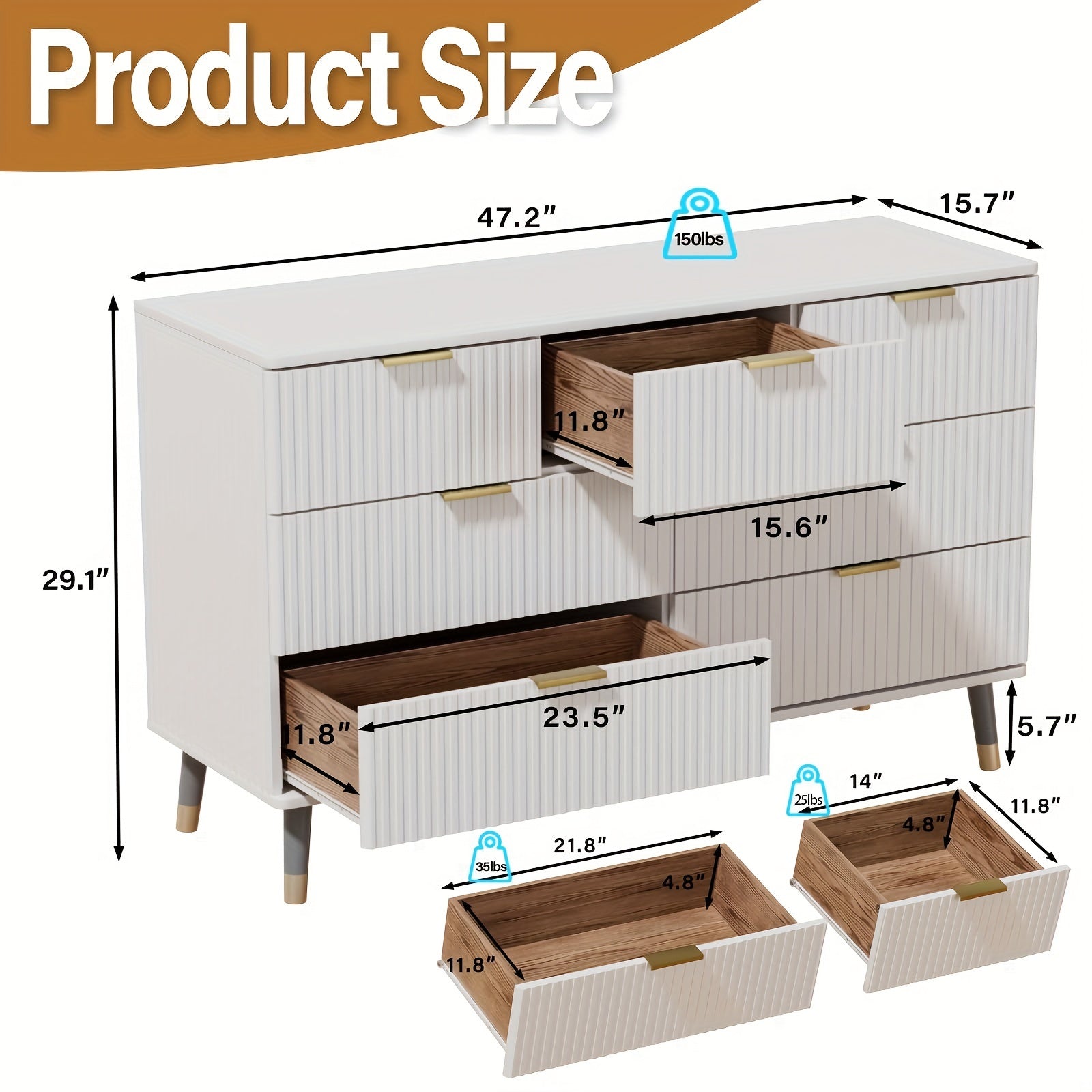 7 Drawer Dresser for Bedroom with Fluted Panel, With Golden Dresser Handles, Modern Chests of Drawers for Hallway, Entryway