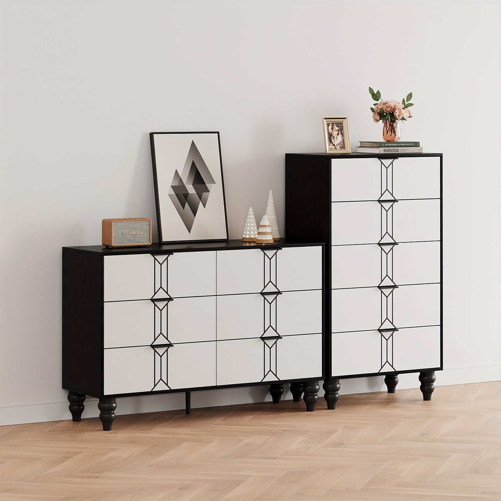 Vintage Style 6-Drawer Dresser, Modern Black And White Chest With Deep Storage For Bedroom, Living Room And Entryway