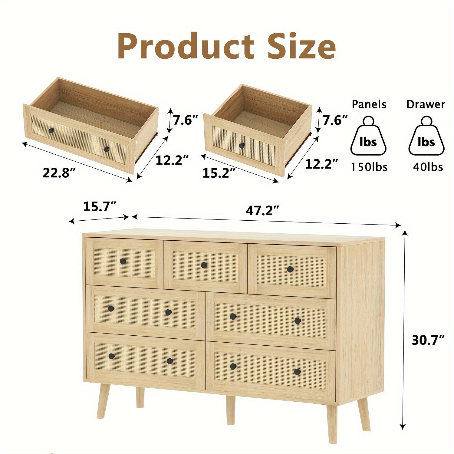 Natural Rattan Dresser For Bedroom Modern Wood 7 Drawer Dresser With Gold Handles - Dresser Westberry Furniture