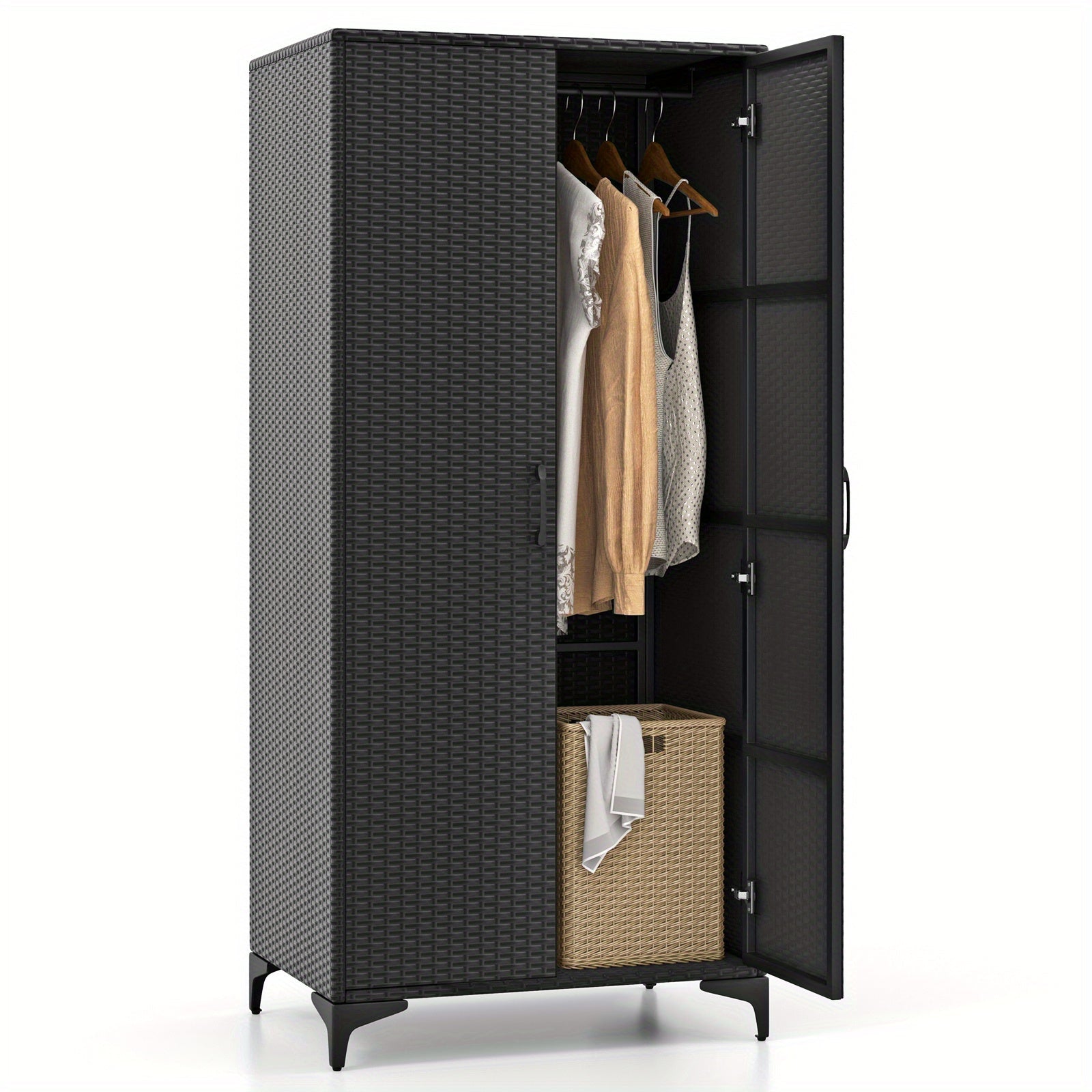 Wicker Wardrobe with 2 Doors, 62" PE Rattan Wardrobe Armoire Closet w/ Hanging Rod & 4 Storage Cubes, Clothes Organizer for Bedroom, Storage Cabinet for Home, Patio, Garage