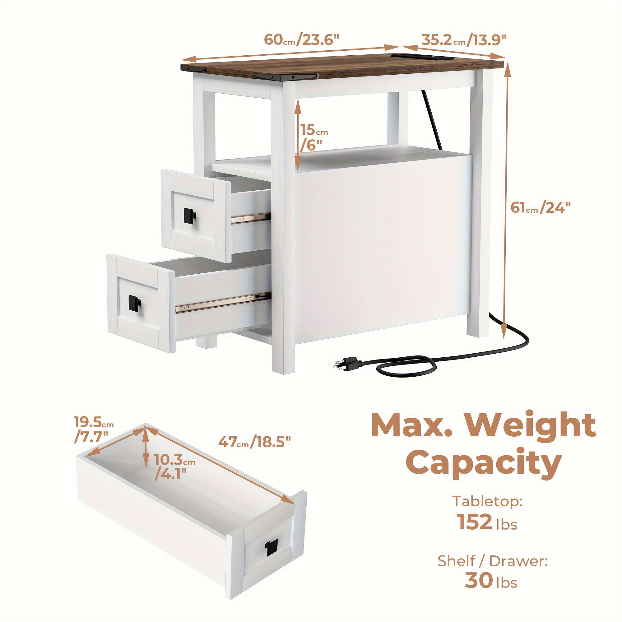 Farmhouse End Table With Charging Station And 2 Storage Drawers, White Wood Nightstand Narrow, Skinny Side Table Rustic, Slim Bedside Table, Open Shelf, Small For Bedroom, Living Room, Sofa
