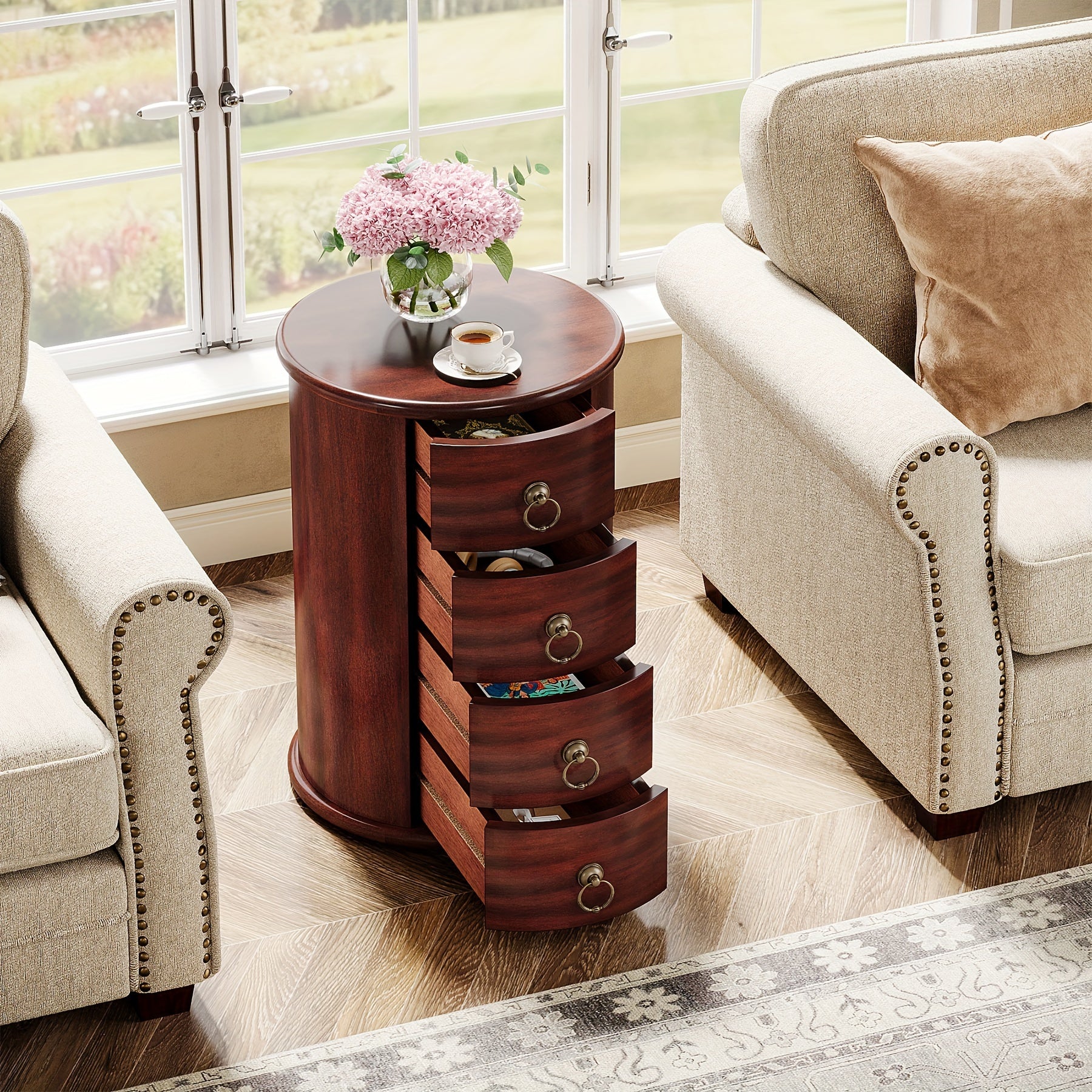 Charming Vintage-Style Solid Wood Round End Table with 4 Drawers - Mid-Century Modern Design, Warm Cherry Brown Finish, Perfect for Small Spaces in Living Room or Bedroom, No Assembly Required