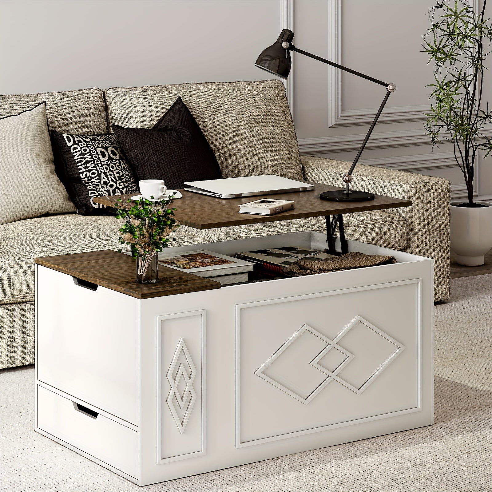 Lift Top Coffee Table 99cm Farmhouse Coffee Table with 3 Large Hidden Storage Rectangle Coffee Table for Living Room