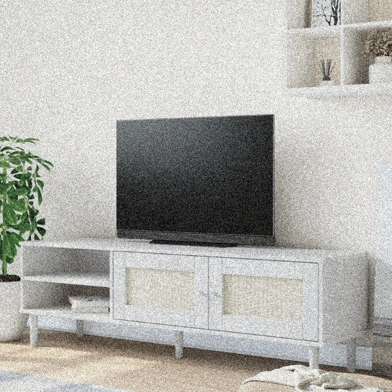 1pc Faxdong Modern White TV Stand with Rattan Look, Solid Wood Pine Construction, 62.2"x15.7"x19.3" for Home Entertainment Center