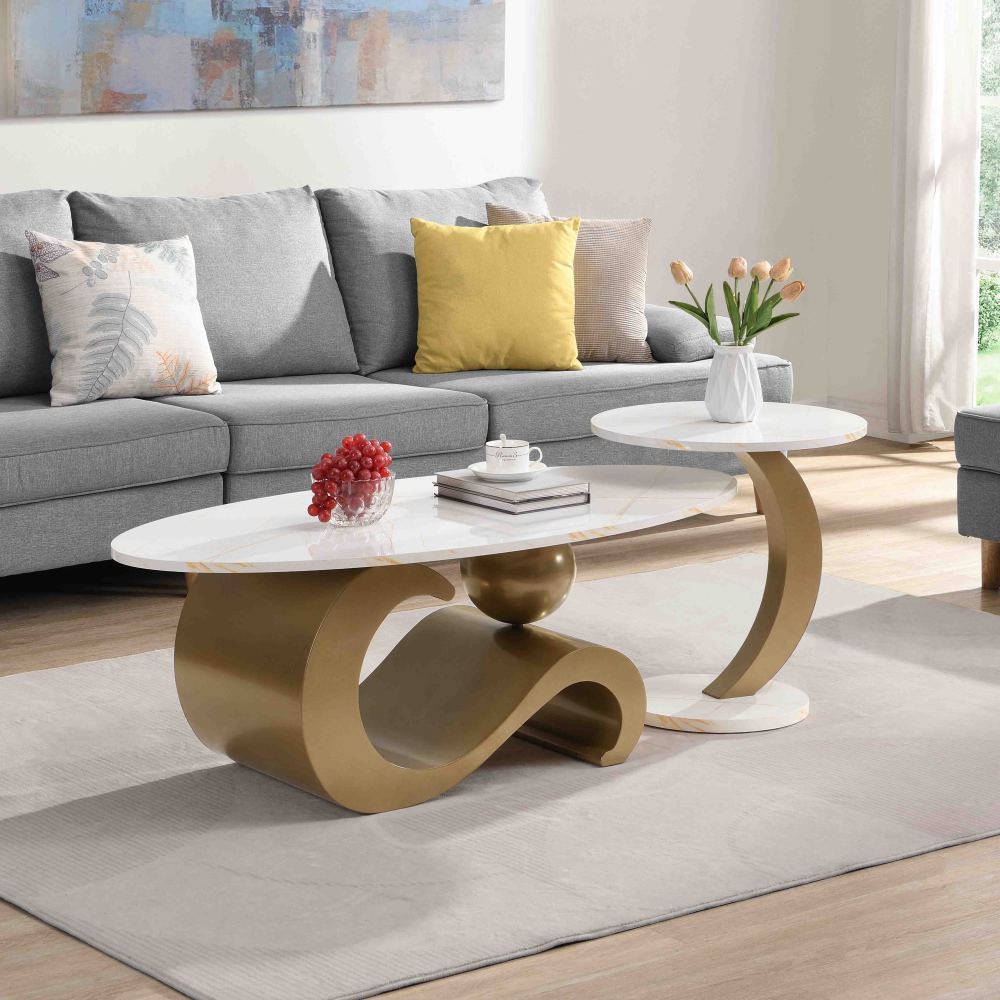 Modern Nesting Coffee Table, Set of 2 End Table for Living Room, Oval and Round Table Set, 2 Packages