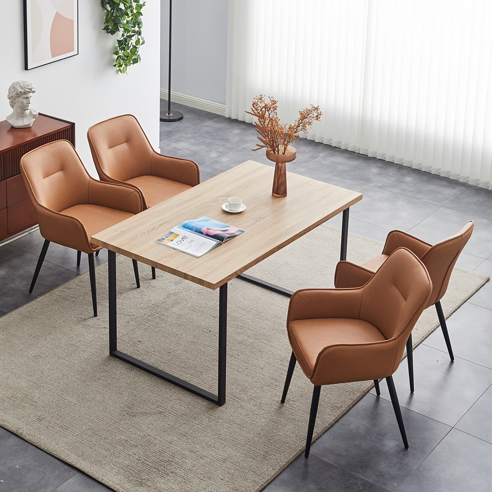 Set of 2 Vintage Upholstered Dining Chairs Faux Leather Padded Armchairs with Solid Back Metal Frame & Legs Wipe Clean