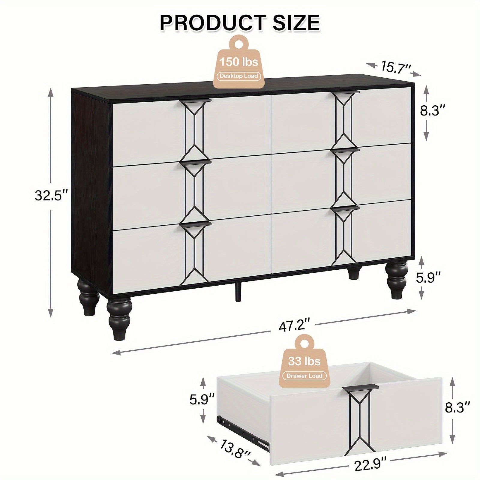 Vintage Style 6-Drawer Dresser, Modern Black And White Chest With Deep Storage For Bedroom, Living Room And Entryway