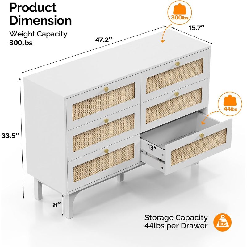 6 Drawer Dresser 47.2" W, White Dresser for Bedroom, Rattan Dresser, Boho Dresser, Long Dresser TV Stand, Chest of Drawers, Wood Dresser with Real Rattan