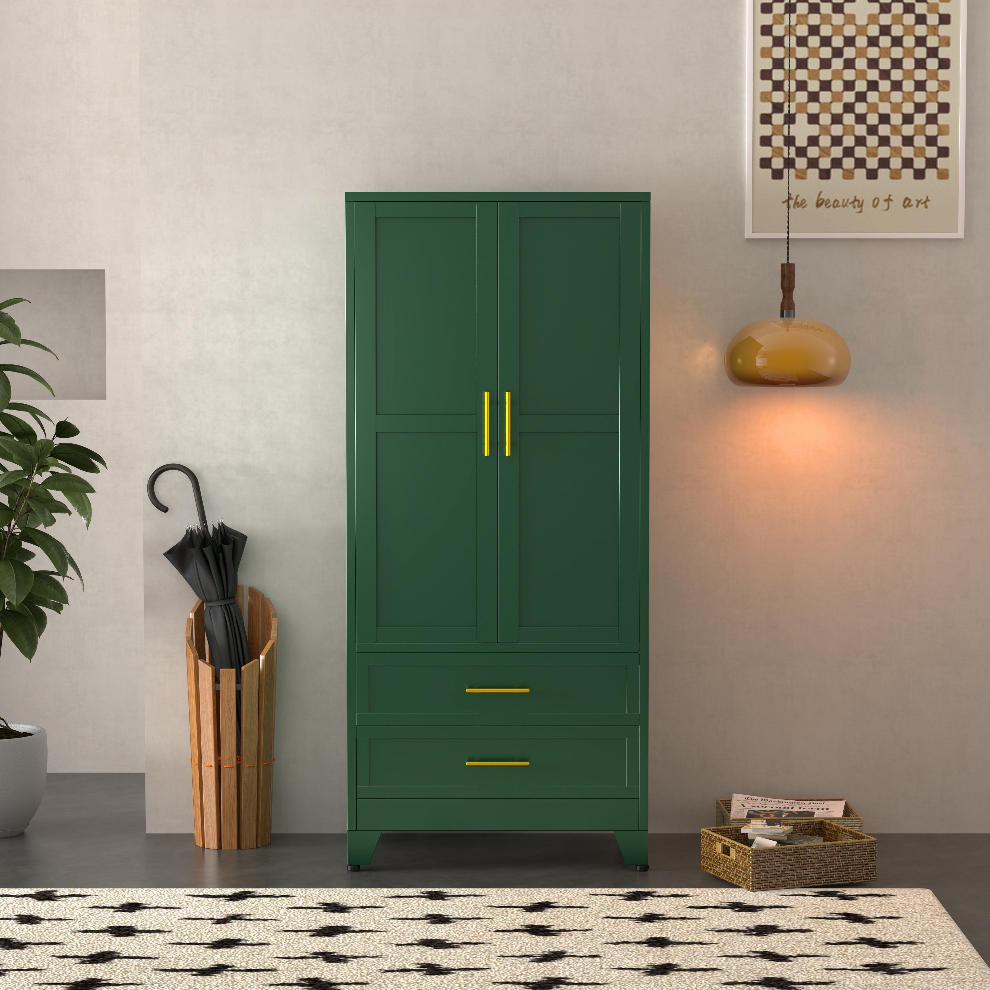 Modern Freestanding Wardrobe Armoire with Two Drawers